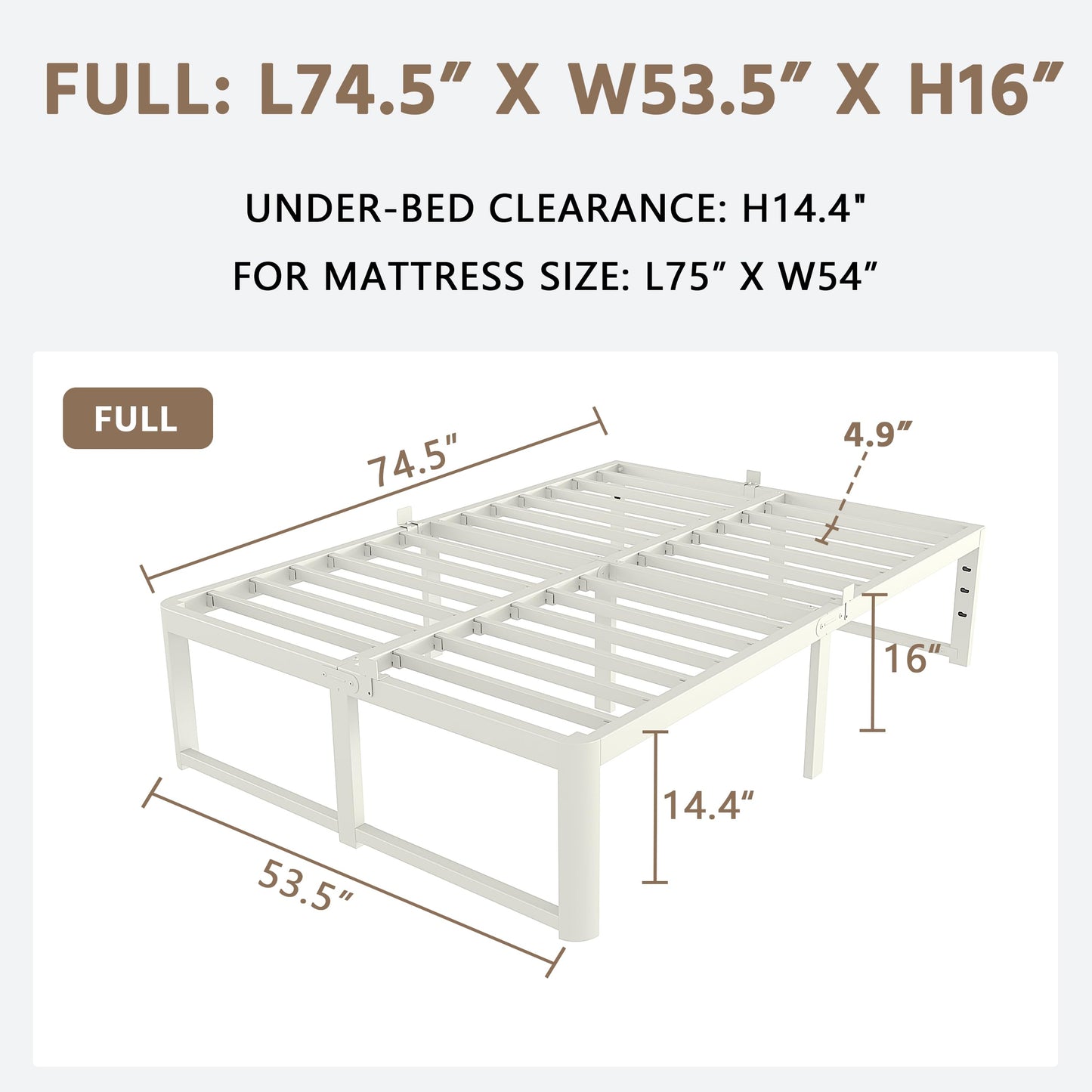 ZTH Full Size Metal Platform Bed Frame 16 in, No Box Spring Needed, White