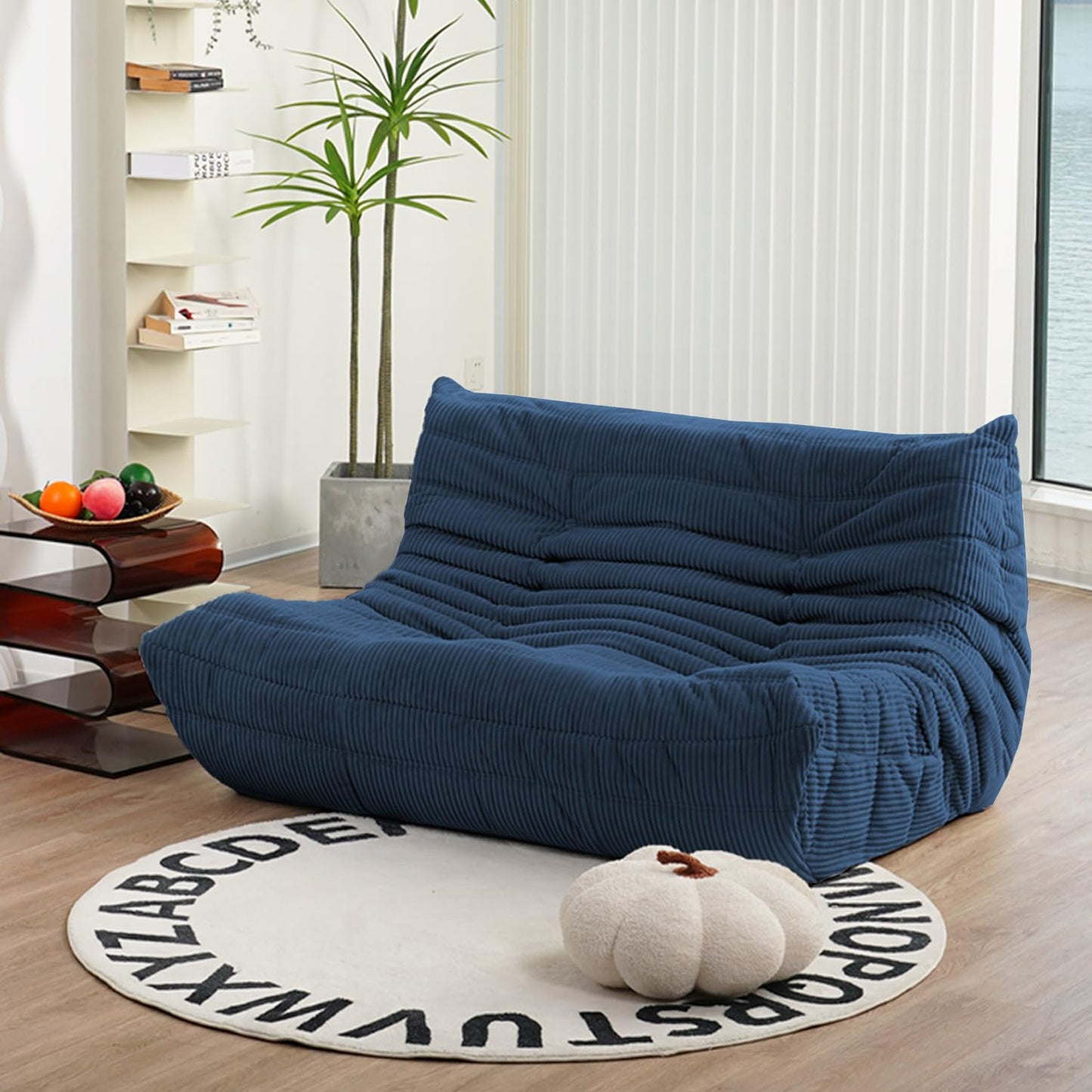 N&V Fireside Loveseat, Mid Century Armless Twin Size Floor Sofa, Soft Premium Corduroy Floor Lounge Chair, Foam Sofa Accent Chair for Living Room Bedroom and Office, Prussia Blue