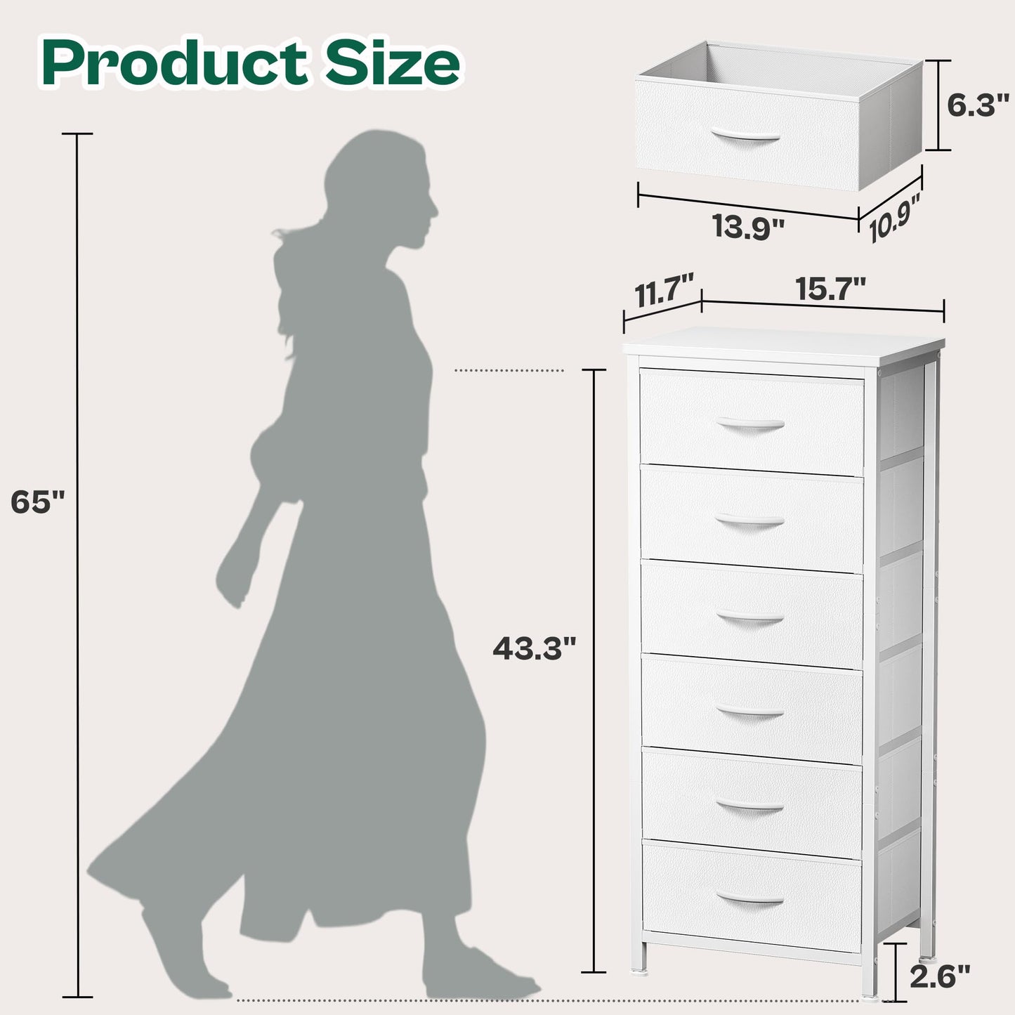 Huuger Tall Dresser for Bedroom, Stable 6 Drawer Dresser with Anti-Tip Device, PU Leather & Fabric Drawers, Tall Nightstand for Closet, Nursery, Storage Tower for College Dorm High Beds, White