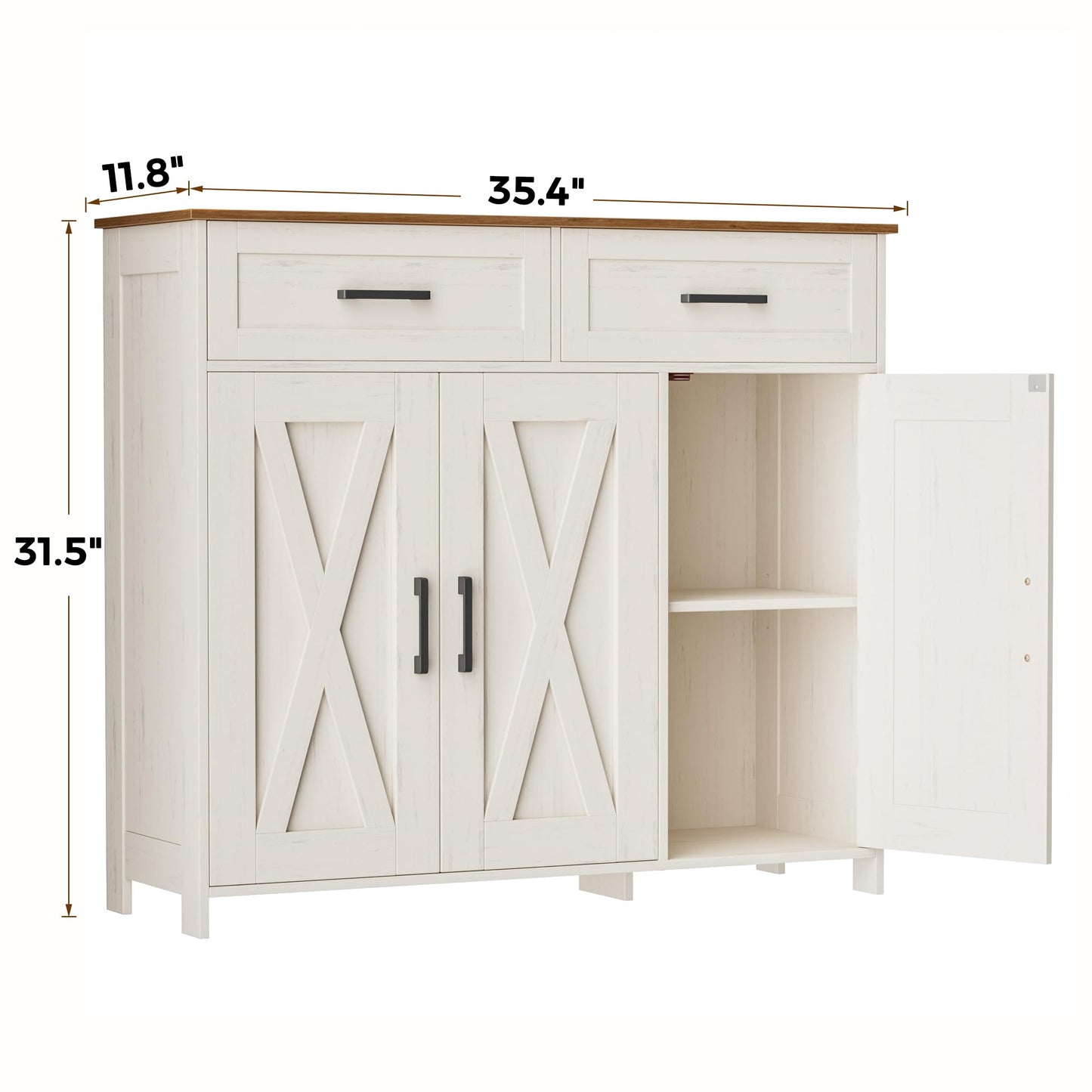 Homhedy Sideboard Buffet Cabinet, Coffee Bar Storage Cabinet with Drawers and Doors, Farmhouse Kitchen Cabinet with Adjustable Shelves, for Kitchen, Dining Room, Living Room, Rustic White and Brown