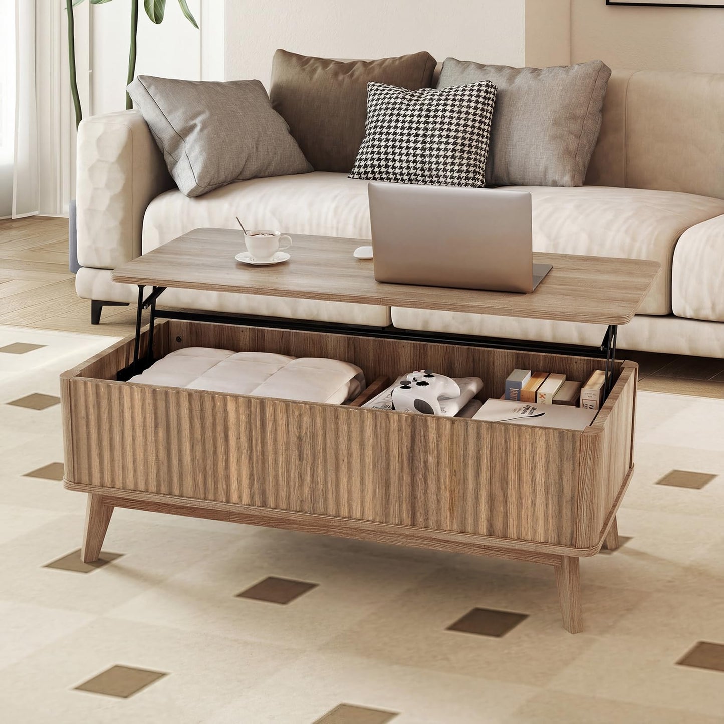 Giantex Lift Top Coffee Table with Storage, 43.5" Mid Century Modern Center Table with Solid Wood Leg & Hidden Compartment, Minimalist Fluted Living Room Table for Home Office, Oak
