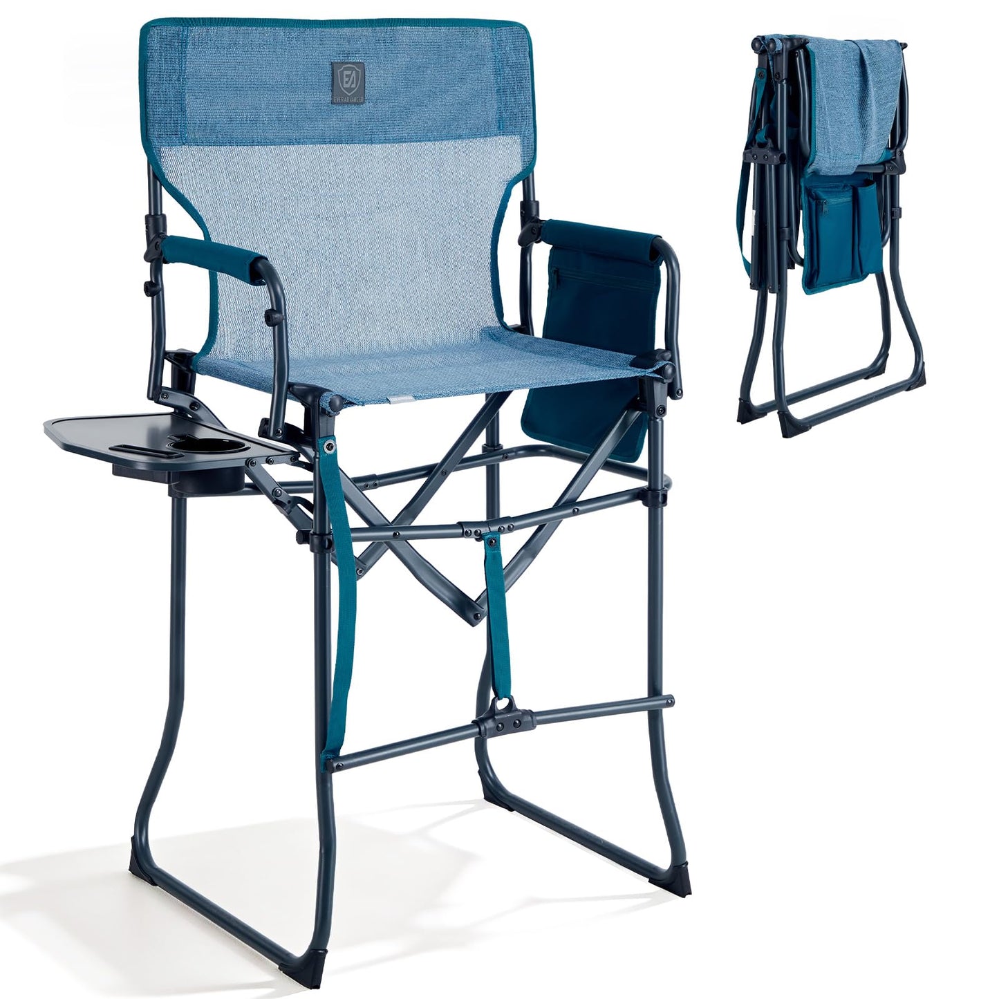 EVER ADVANCED Portable 30.7" Seat Height Tall Folding Camping Chair Directors Chair High Foldable Bar Stool with Side Table for Makeup Artist, Sports Event, Craft Show, Stretch Mesh, Supports 350LBS