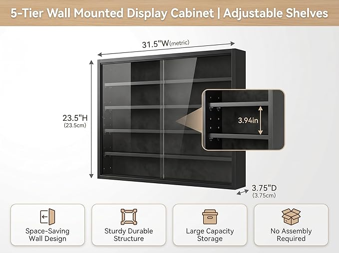 5-Tier Wall Mounted Display Cabinet, No Assembly Required Ready to Use Out of