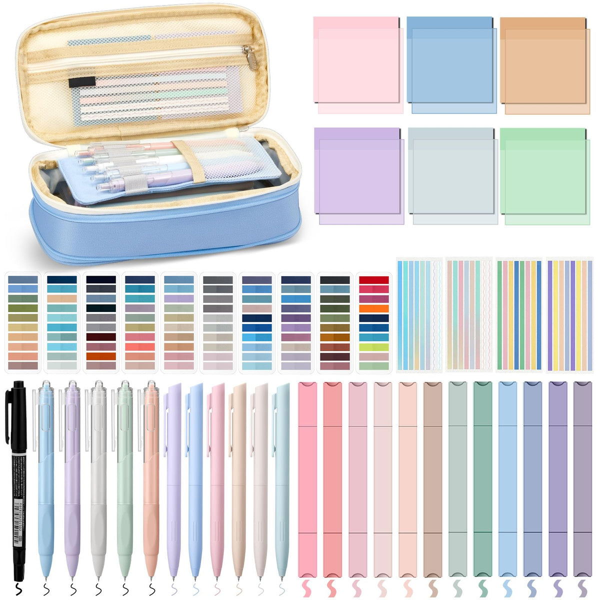 Trandraft 135 Pcs Book Annotation Kit with Pencil Case, 12 Pastel Highlighters, 11 Gel Pens, Fine Marker, 300 Transparent Sticky Notes, 2640 Index Tabs, Bible Study Supplies Kit(Classic,Light Blue)
