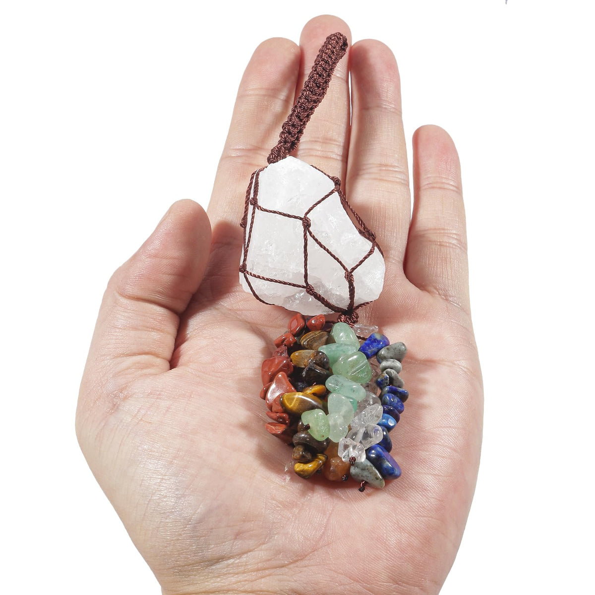 Loveliome Raw Crystal Car Hanging Ornament, Natural Rough Semi-Precious Stone with 7 Chakra Chips, Handmade Wall Decor for Bedroom Yoga Room Daily Decoration, Rock Quartz