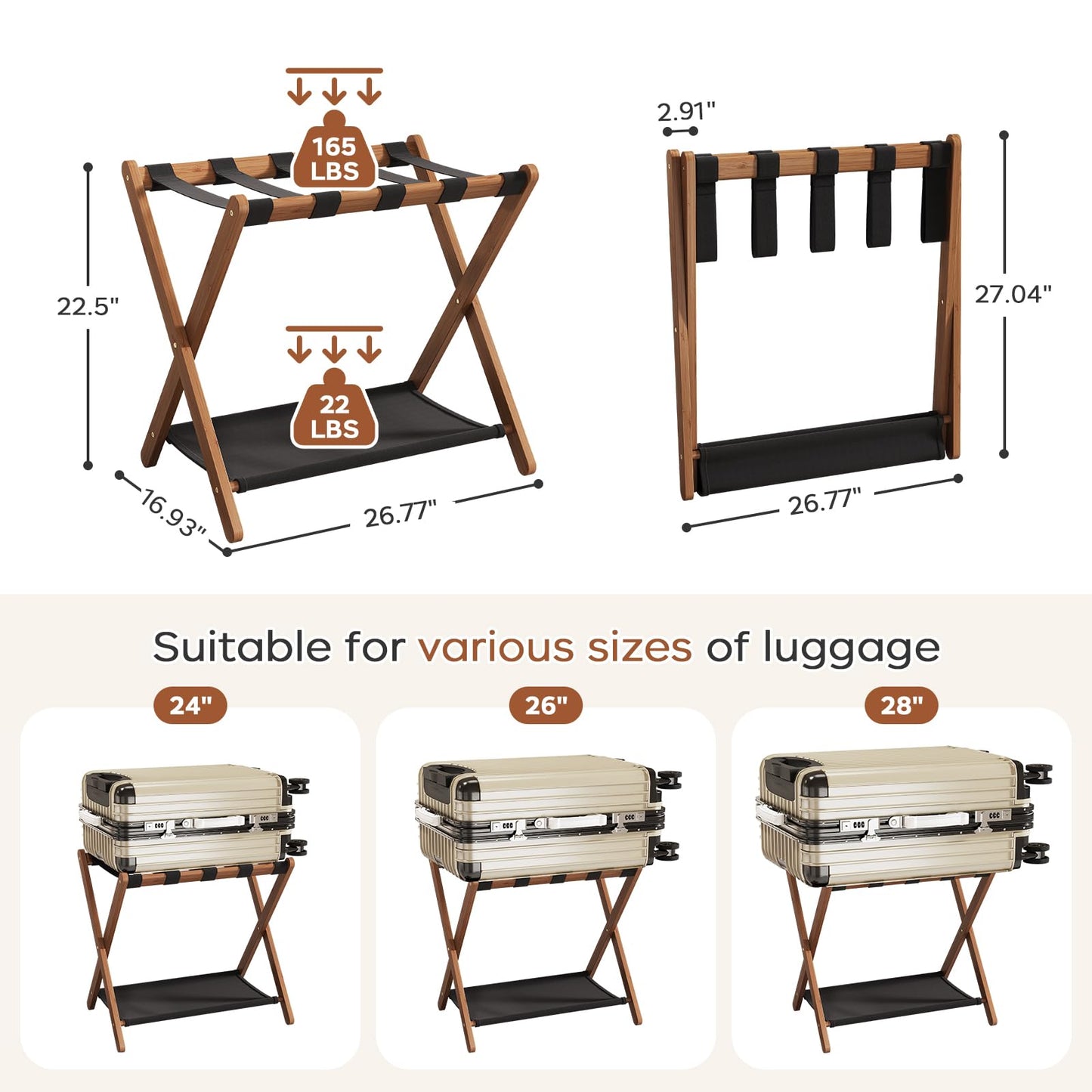 Fully Assembled Walnut Luggage Racks Set of 2, Bamboo 26.77" Luggage Rack Stand for Guest Room, 5 Nylon Straps, Foldable Suitcase Stand with Storage Shelf for Bedroom Hotel, Holds up to 165 Lbs