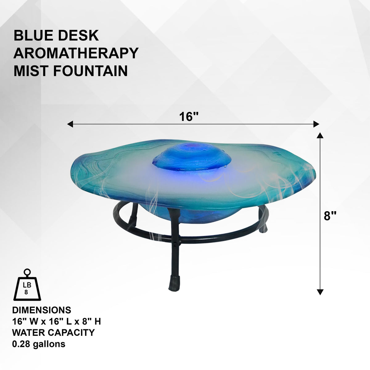 XBrand 8" Color-Changing LED Mist Indoor Tabletop Fountain, Freestanding Water Feature with Inline Control, Aromatherapy Humidifier, Glass & Metal, Blue