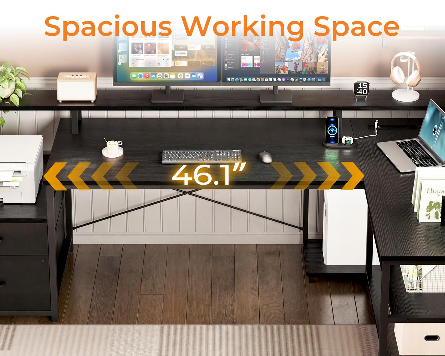 ODK 75" L Shaped Desk with File Drawers, Work from Home Office Desk with Power Outlet, Reversible Computer Desk with Storage Shelves, Gaming Desk with Monitor Shelf, Corner WFM Table, Black