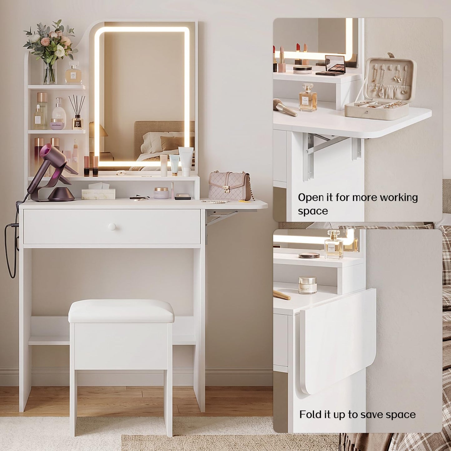 Haewon Small Vanity Desk with Lighted Mirror and Charging Station, Compact Makeup Vanity Set with 3 Lighting Modes, White Dressing Table with Storage Chair, Drawer and Shelves for Bedroom