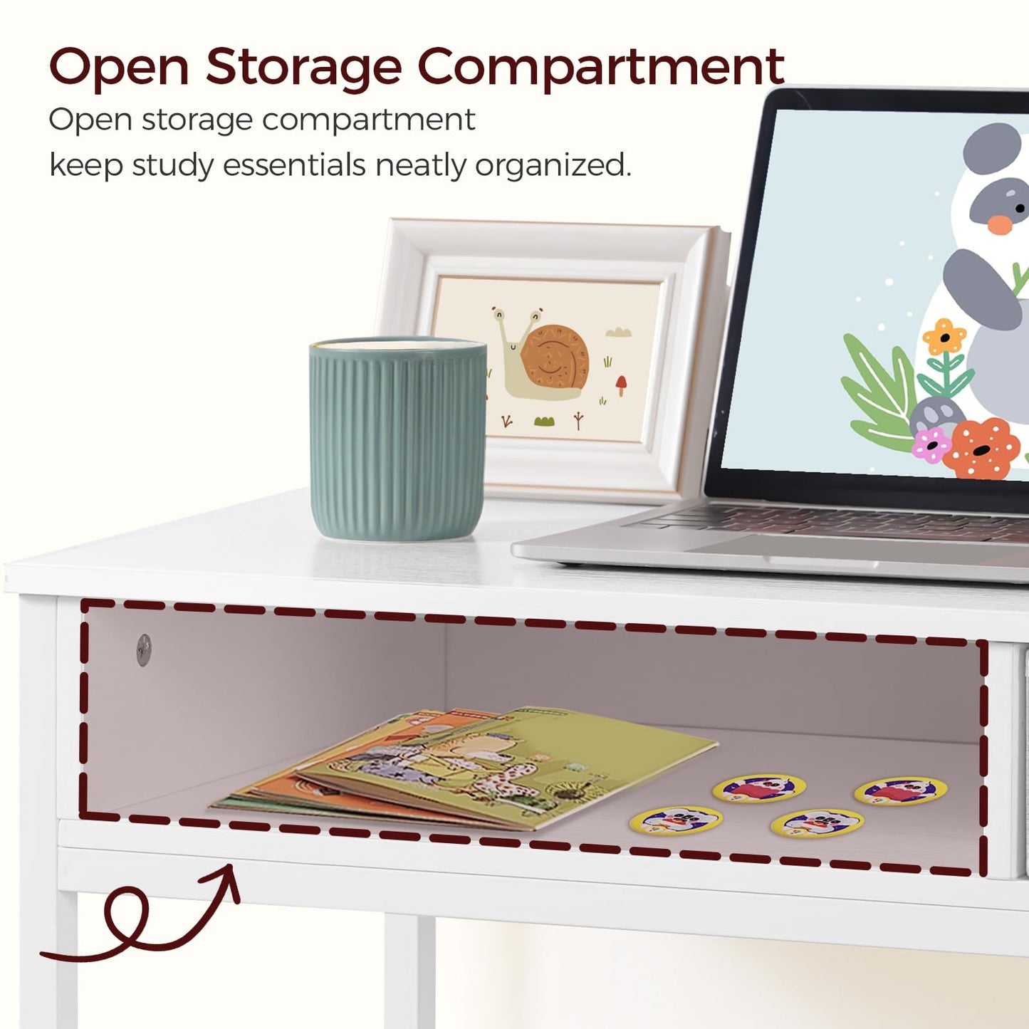 MAHANCRIS Kids Desk and Chair Set, Student Writing Desk, Kids Study Desk with Book Sorter and Fabric Drawer, Kids Wooden Study Table, for Study, Kids Room, Bedroom, White KDBW11901N1