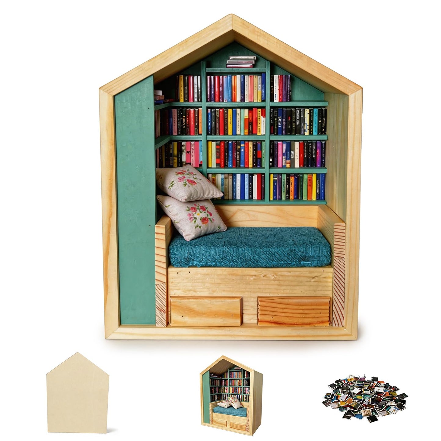 NaiSooten Anxiety Bookshelf with 300 Mini Books, Mini Wooden Bookshelf with Reading Nook, Desk Decor Anxiety Relief Bookshelf for Book Lovers(Green)