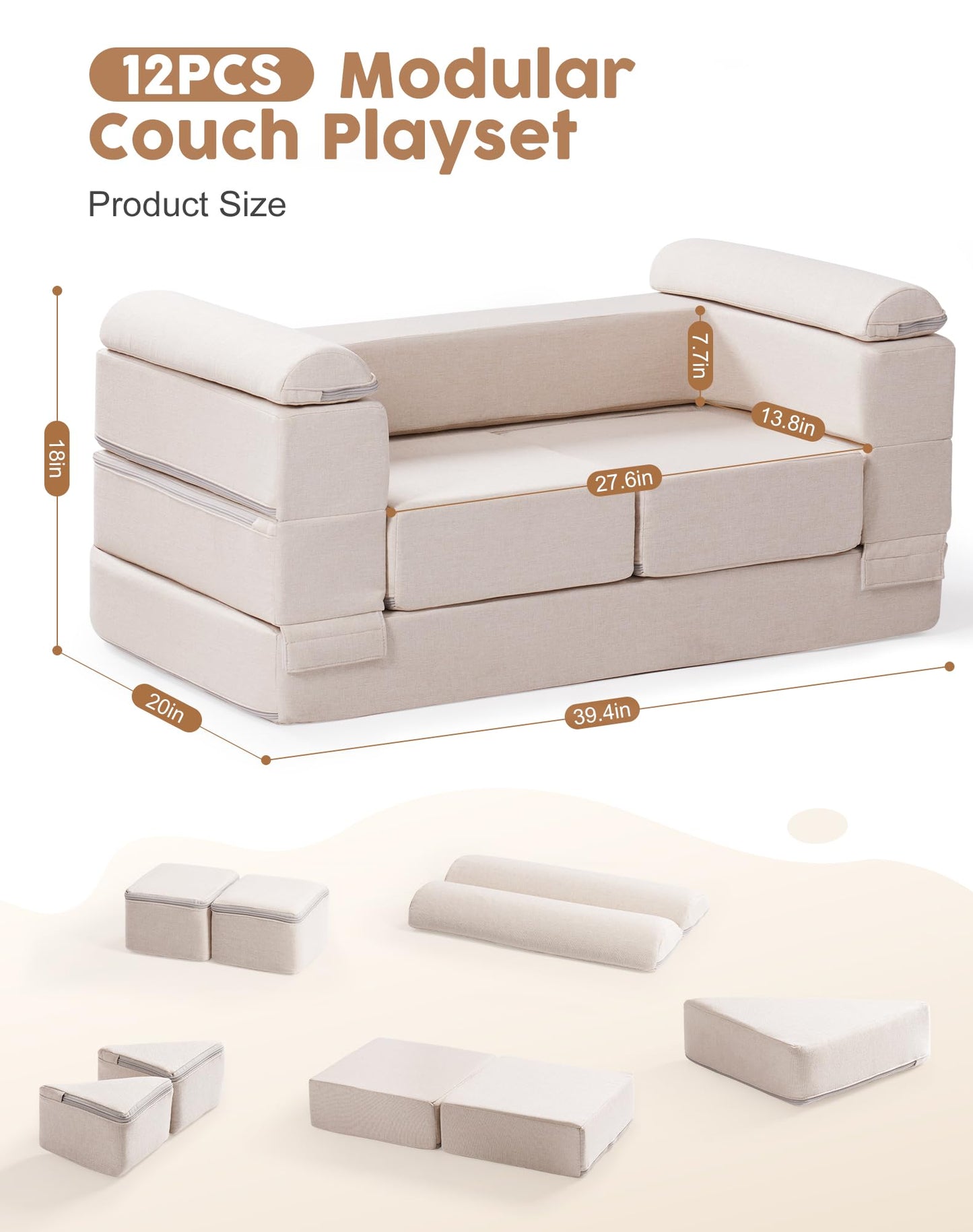 ROBUD Kids Couch, Beige Modular Kids Play Couch, DIY-Style & Washable Toddler Sofa for Playroom, Bedroom, Nursery, WG411