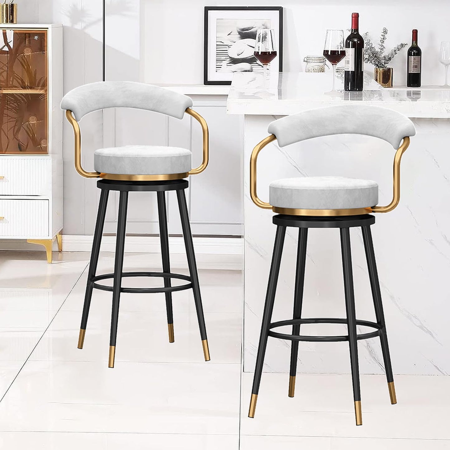 Tall Stools of 2, Height stools with Hollow Back, Velvet Swivel Chairs, Black Metal Legs, Kitchen Island Stools, Seat 65cm, Blue (White Seat Height 65cm)