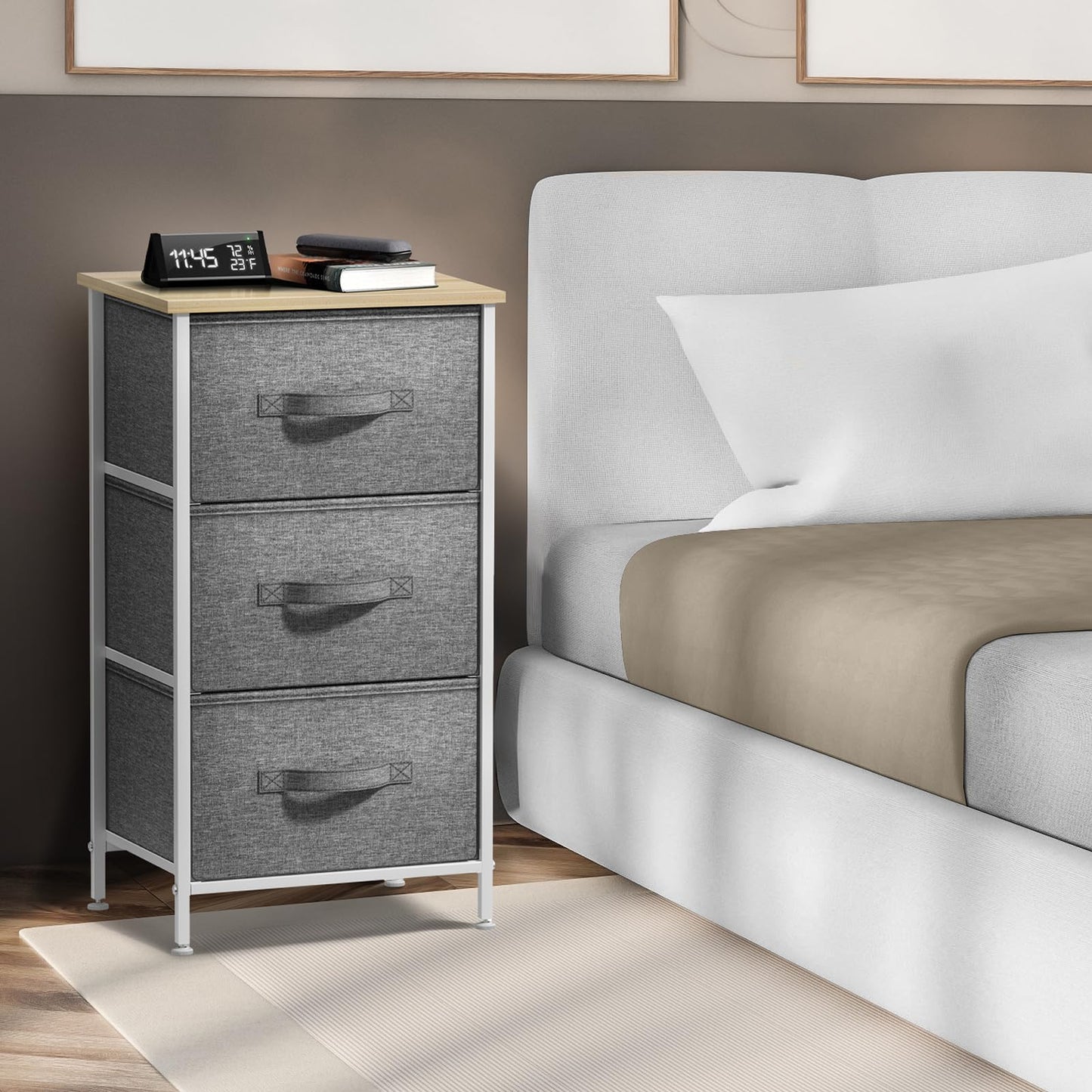 Sorbus Nightstand with 3 Drawers - Bedside Furniture & Night Stand End Table Dresser with Steel Frame, Wood Top, Easy Pull Fabric Bins for Home, Bedroom Accessories, Office & Dorm