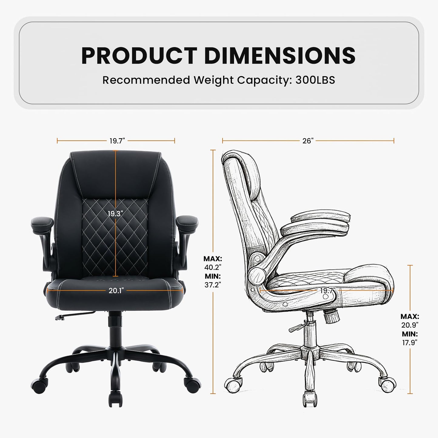 Leather Office Chair, 300lbs Heavy Duty Mid-Back Desk Chairs with Flip-up Armrests, Space-Saving Swivel Task Chair with Wheels, Adjustable Height and Ergonomic Back Support, Black