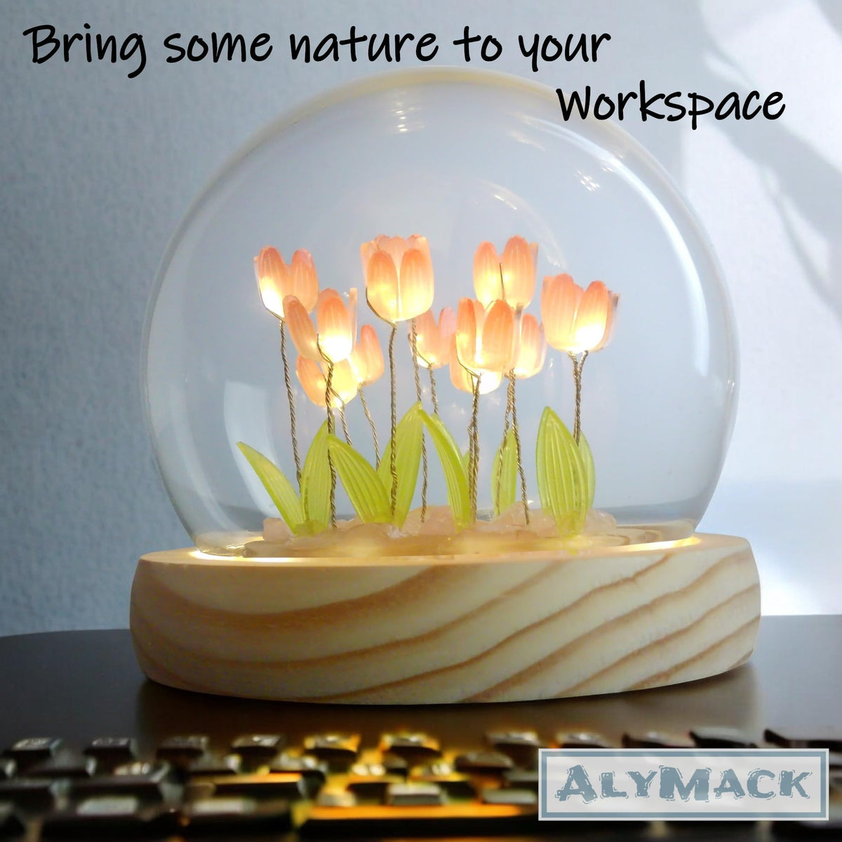 ALYMACK Tulip Lamp Glass Globe - Illuminated Flower Lamp with Glowing Blooms on Wooden Base - Battery-Powered Decorative Night Light for Bedroom, Living Room & Home Decor