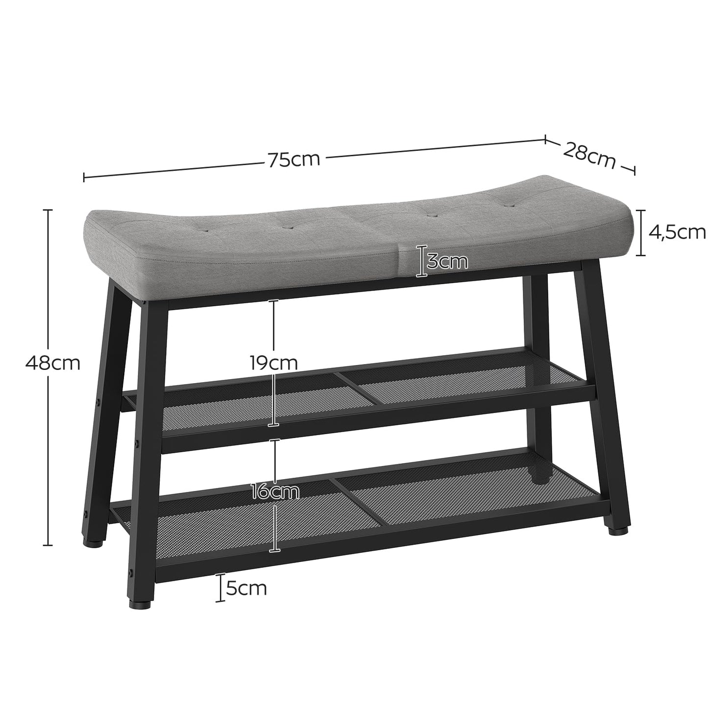 YATINEY Shoe Bench, 3-Tier Shoe Rack, Entryway Bench with Storage and Cushion, for Hallway, Foyer, Bedroom, Gray and Black HX02BG