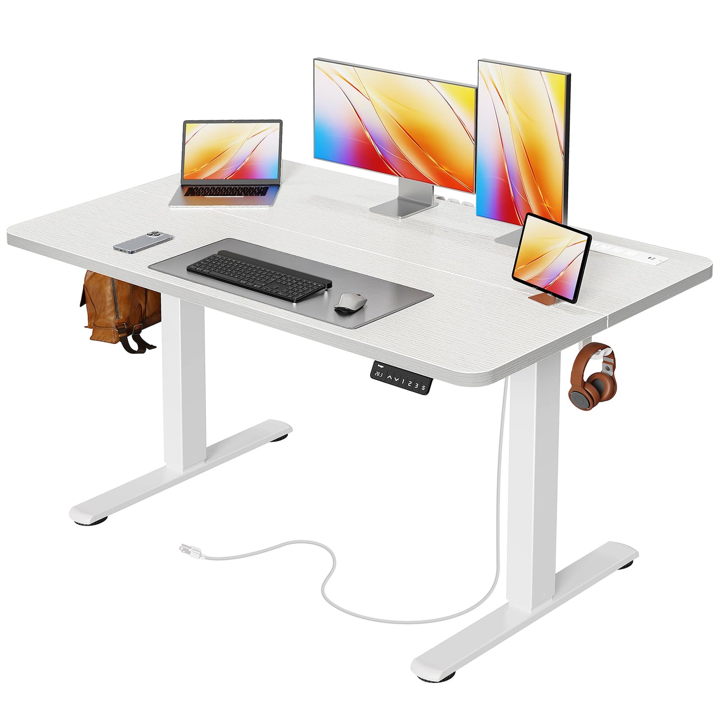 Huuger Electric Standing Desk with Power Outlets and USB-C Port, 47 X 24 Inch Height Adjustable Desk, Sit Stand Desk for Home Office, Computer & Gaming Desk with 4 Presets, Stable Steel Frame, White