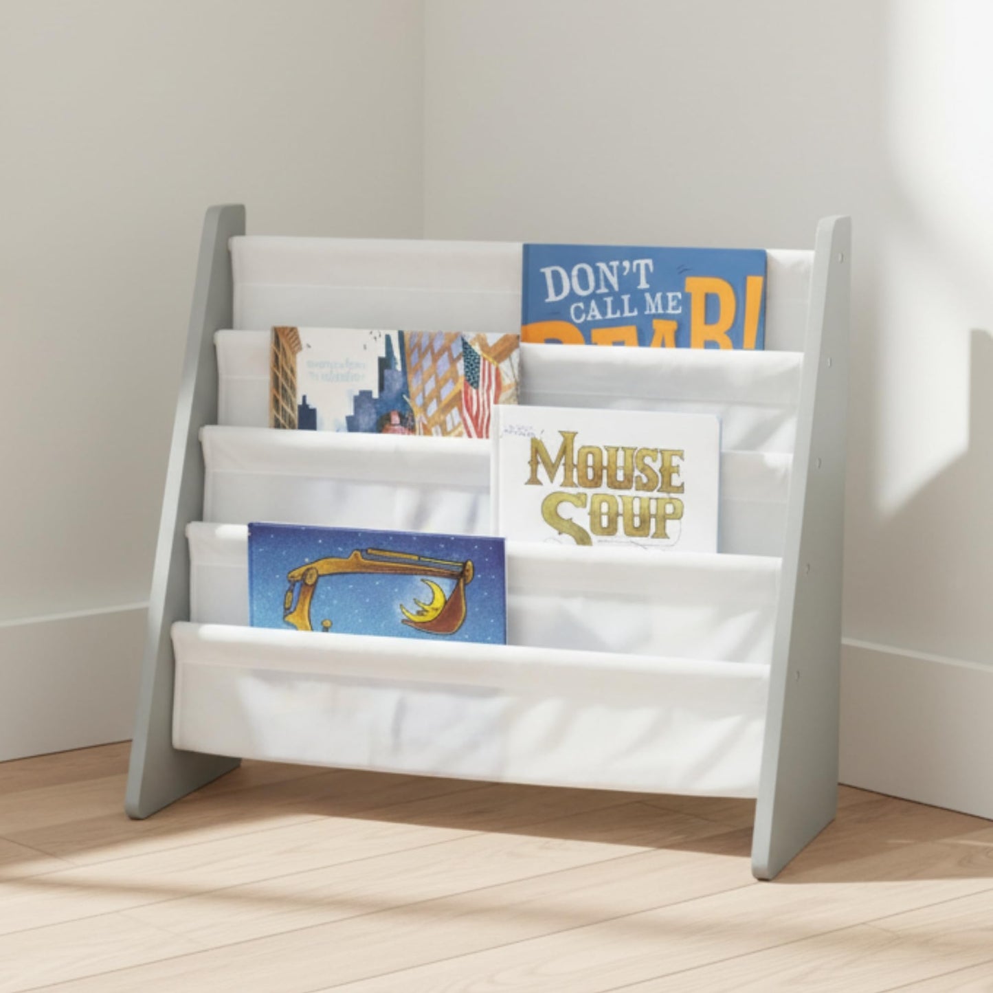 Humble Crew Kids Bookshelf, 4-Tier Front-Facing Book Display Organizer, Montessori Toddler Bookcase for Playroom, Bedroom & Reading Corner, Grey Wood/White