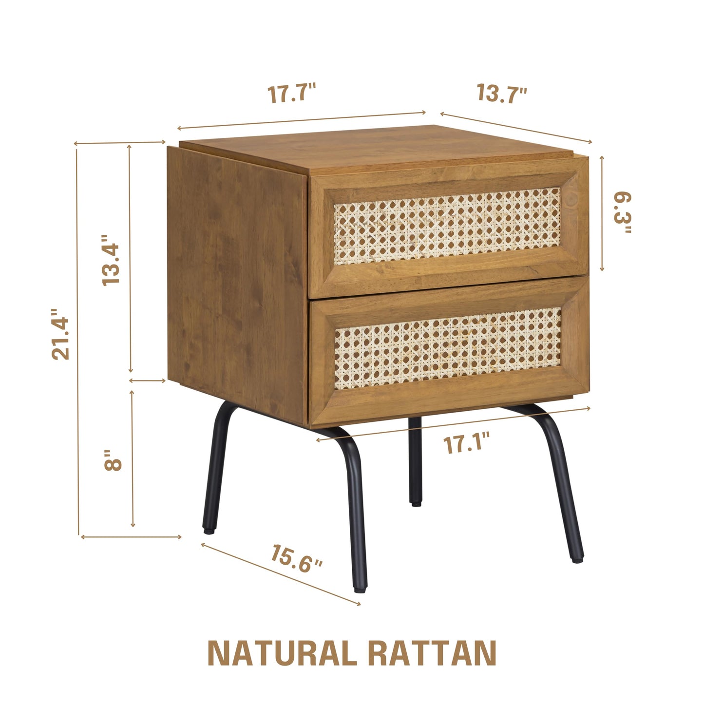 NTC Solid Oak Drawer Face Lulu Nightstand with Natural Rattan Drawer, Mid-Century Side Table for Bedroom, Bedside Furniture, End Table – Waterproof, Heat Resistant, Easy to Assemble, Teak Look