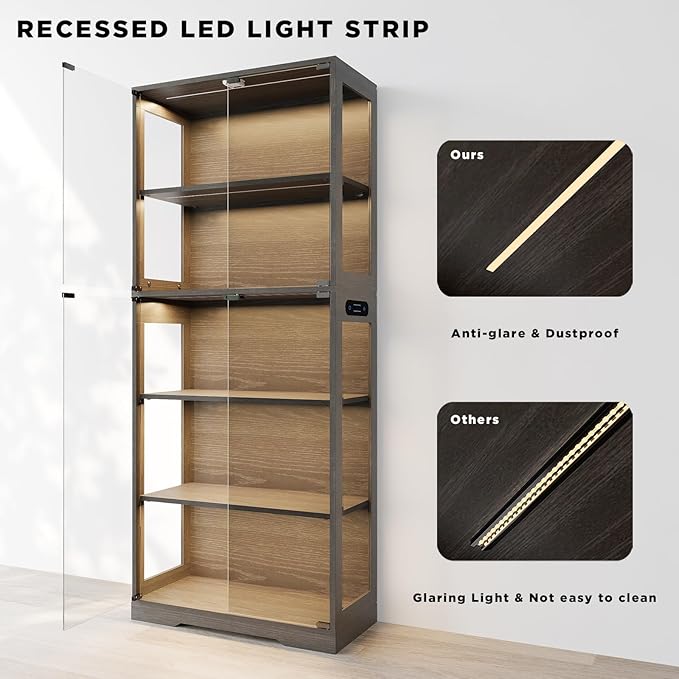 65" Tall Display Case with Glass Doors, Lighted Display Cabinet Bookcase with