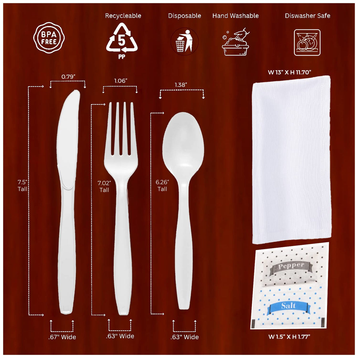 Bulk Heavy Weight Cutlery Individually Wrapped White Plastic Cutlery Knife, Spoon, Fork Pack with Napkin and Salt and Pepper Packets - Extra Strong & Resistant