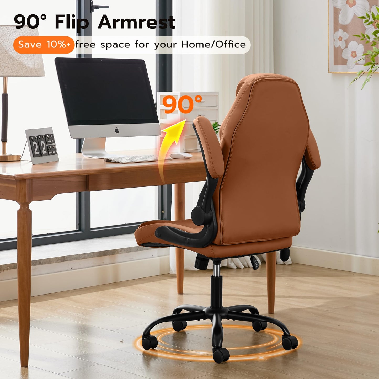 Ylzyxal Office Desk Chair, Ergonomic Computer Chair with Padded Flip-Up Arms and Adjustable Lumbar Support, PU Leather Executive Chair with Tilt Lock and 360° Swivel Rolling Wheels for Work, Study
