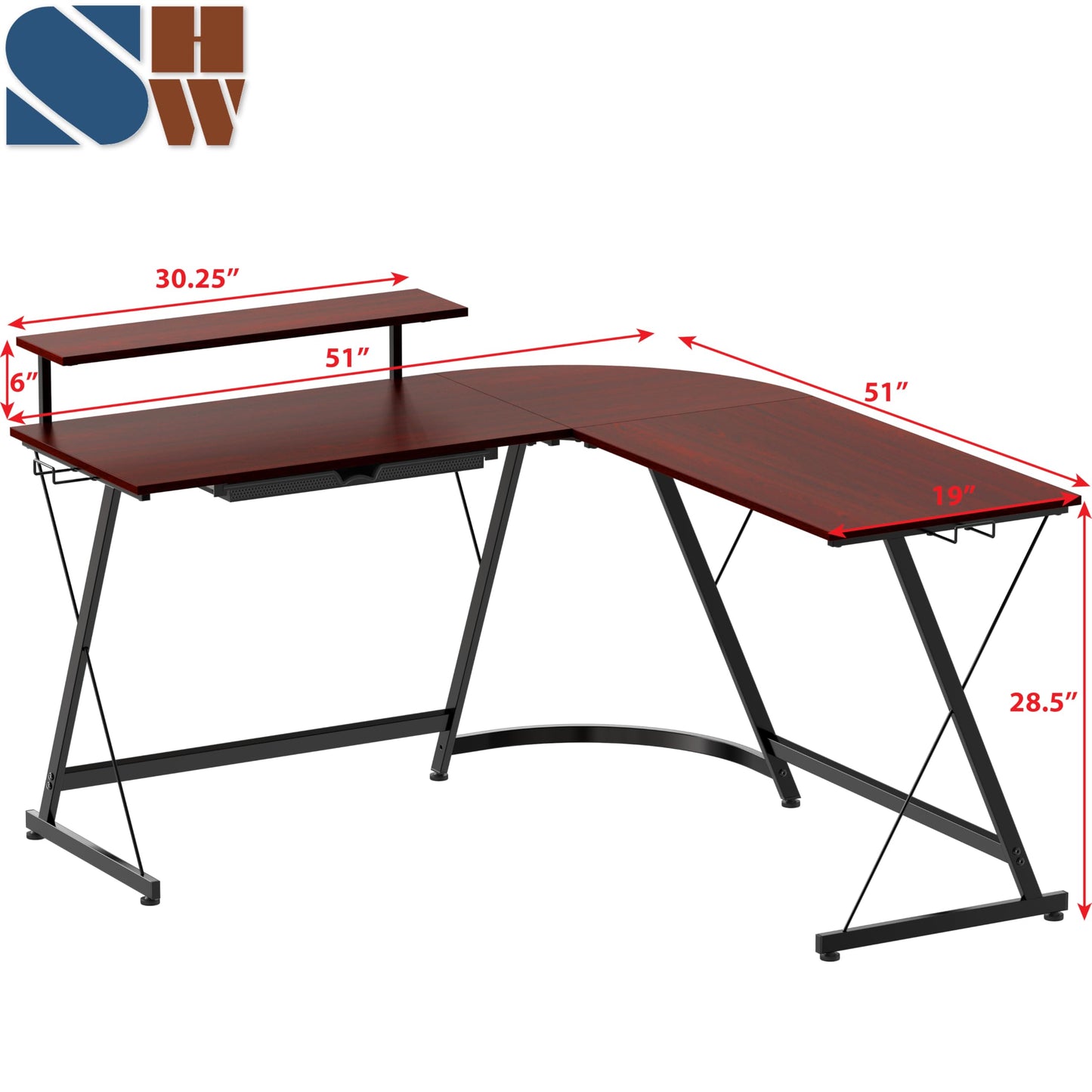 SHW 51 x 51 Inches Vista L-Shaped Desk with Monitor Stand and Drawer, Cherry