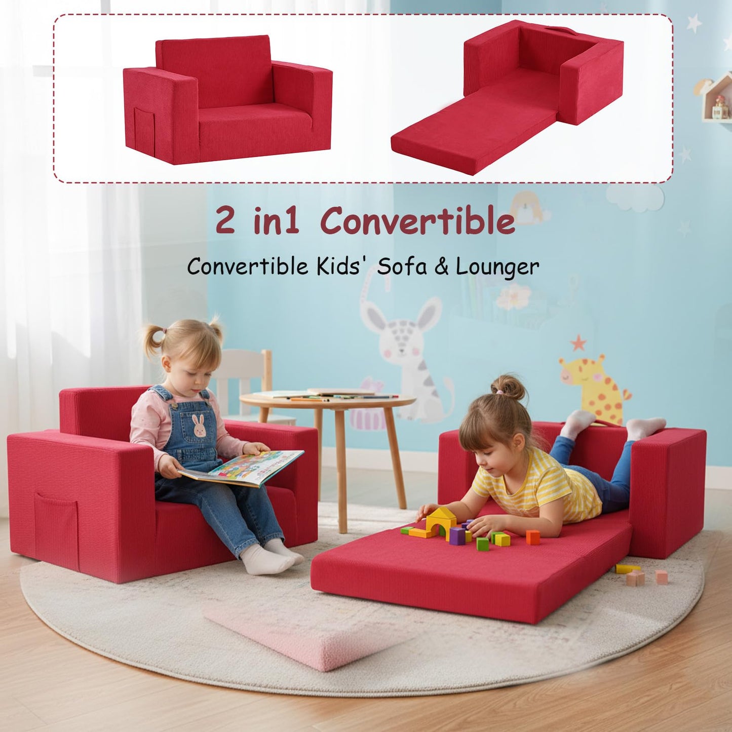 Tiita 2-in-1 Kids Sofa, Convertible Children Couch to Lounger, Flip Out Kids Chair, Toddler Armrest Chair Bed, Folding Kid Play Sofa for Girl or Boy, Corduroy Red