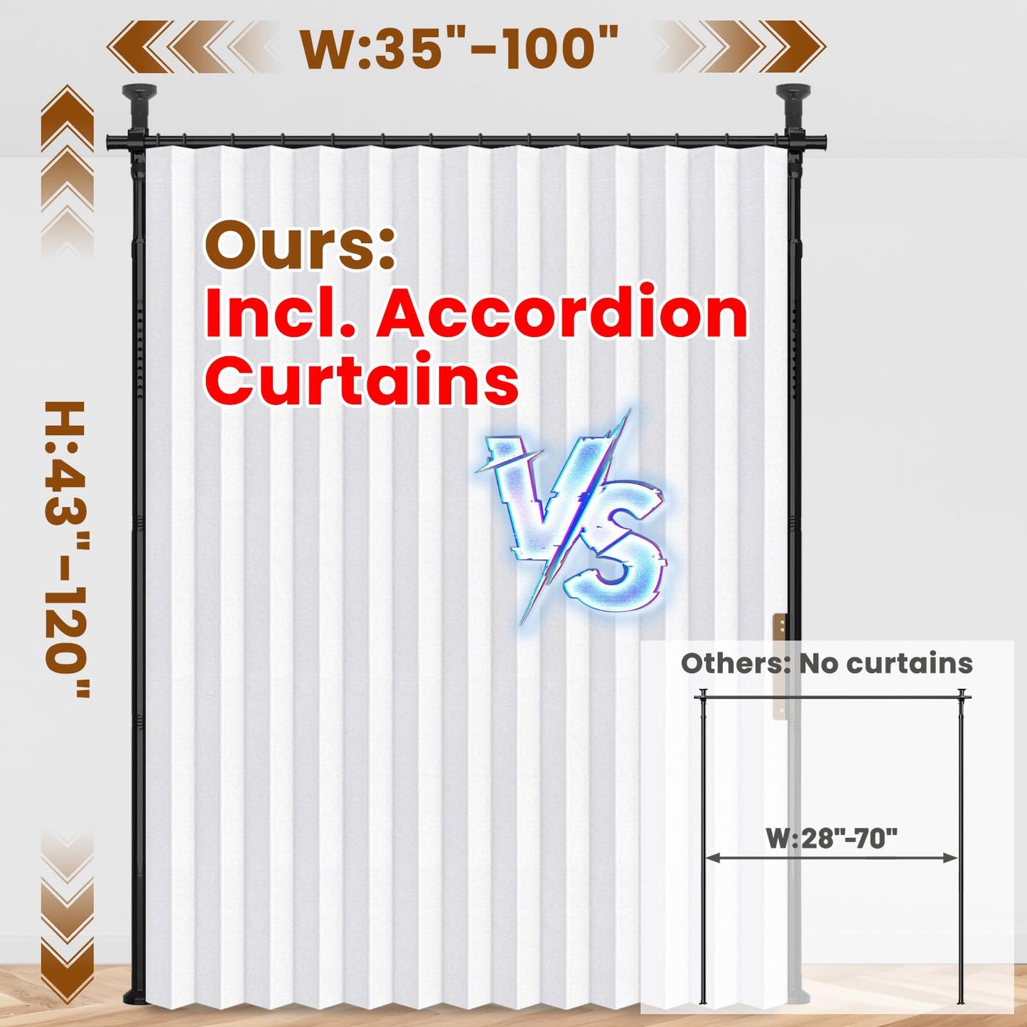 100% Blackout Room Divider Curtains Sets White W100 x L84 in 1 Panel No Drill Curtain Rods(H) 43-120×(W) 35-100 in for Studio Apartment Dorm Office