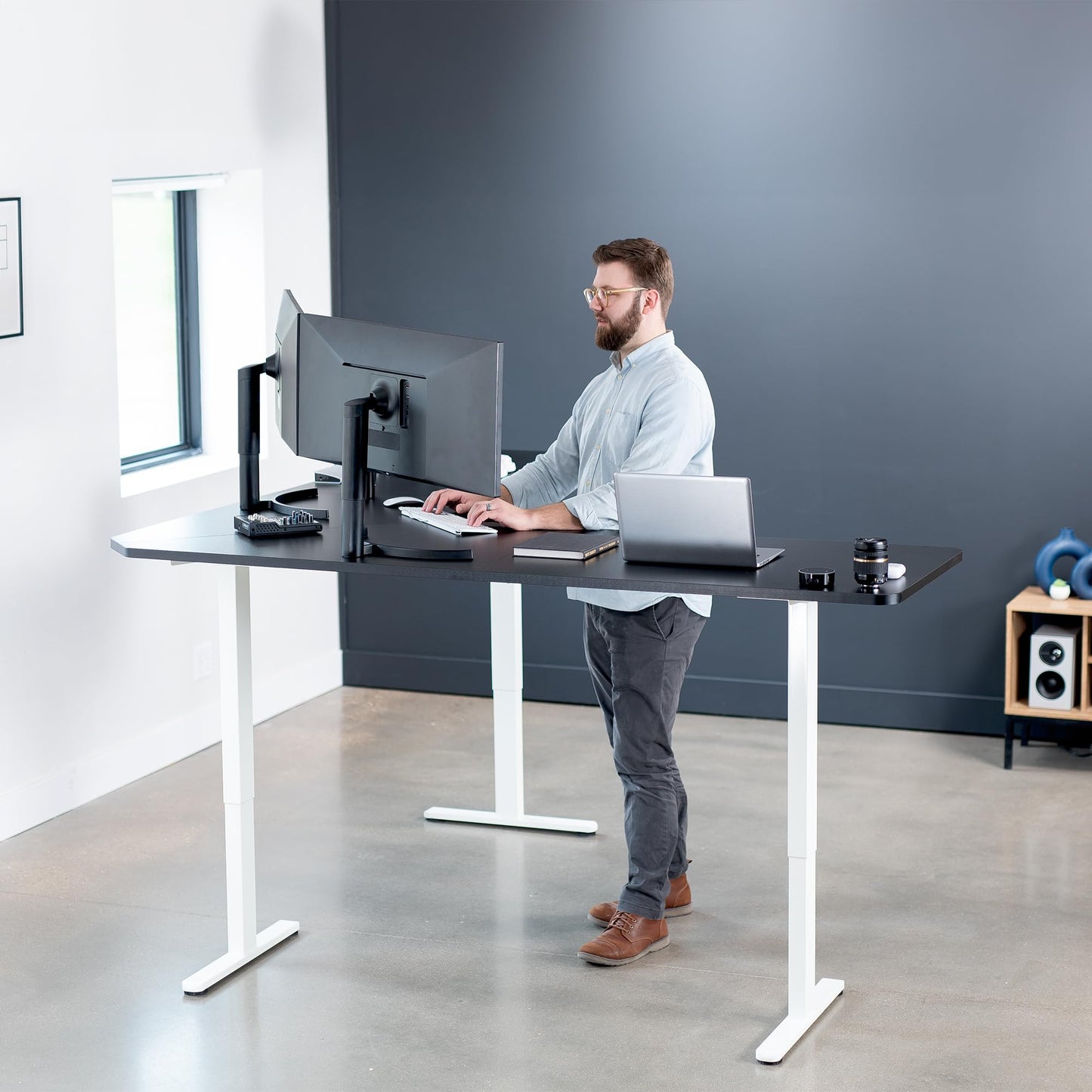 VIVO Electric Height Adjustable 83 x 83 inch Curved Corner Stand Up Desk, Black Table Top, White Frame, Memory Controller, L-Shaped Workstation, E3C Series, DESK-KIT-E3CW83B