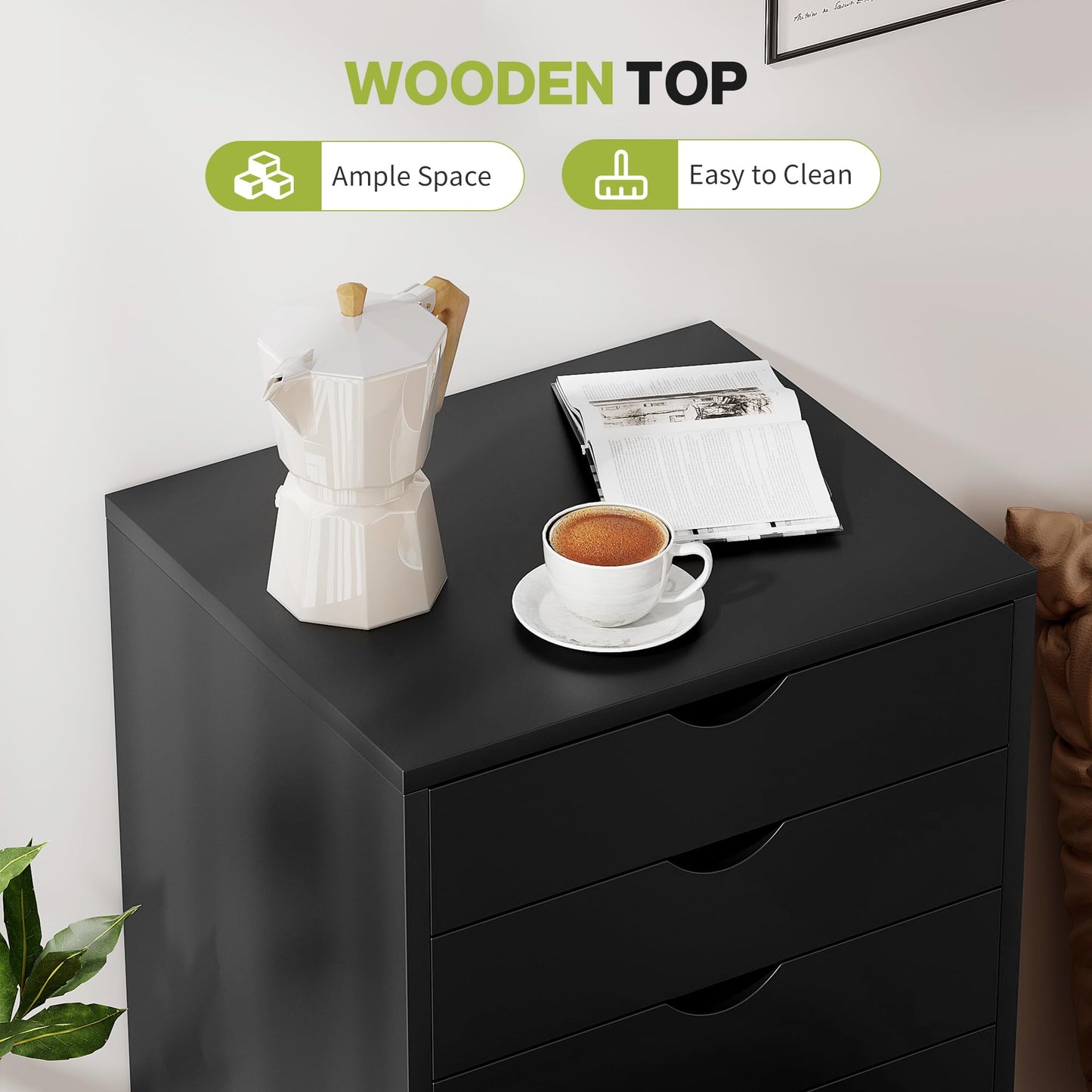 Alpen 5 Drawer Mobile File Cabinet Under Desk Storage Organization with Wheels Vertical Filing Chest Rolling Wood Small Desk Printer Stand for Home Office, Black