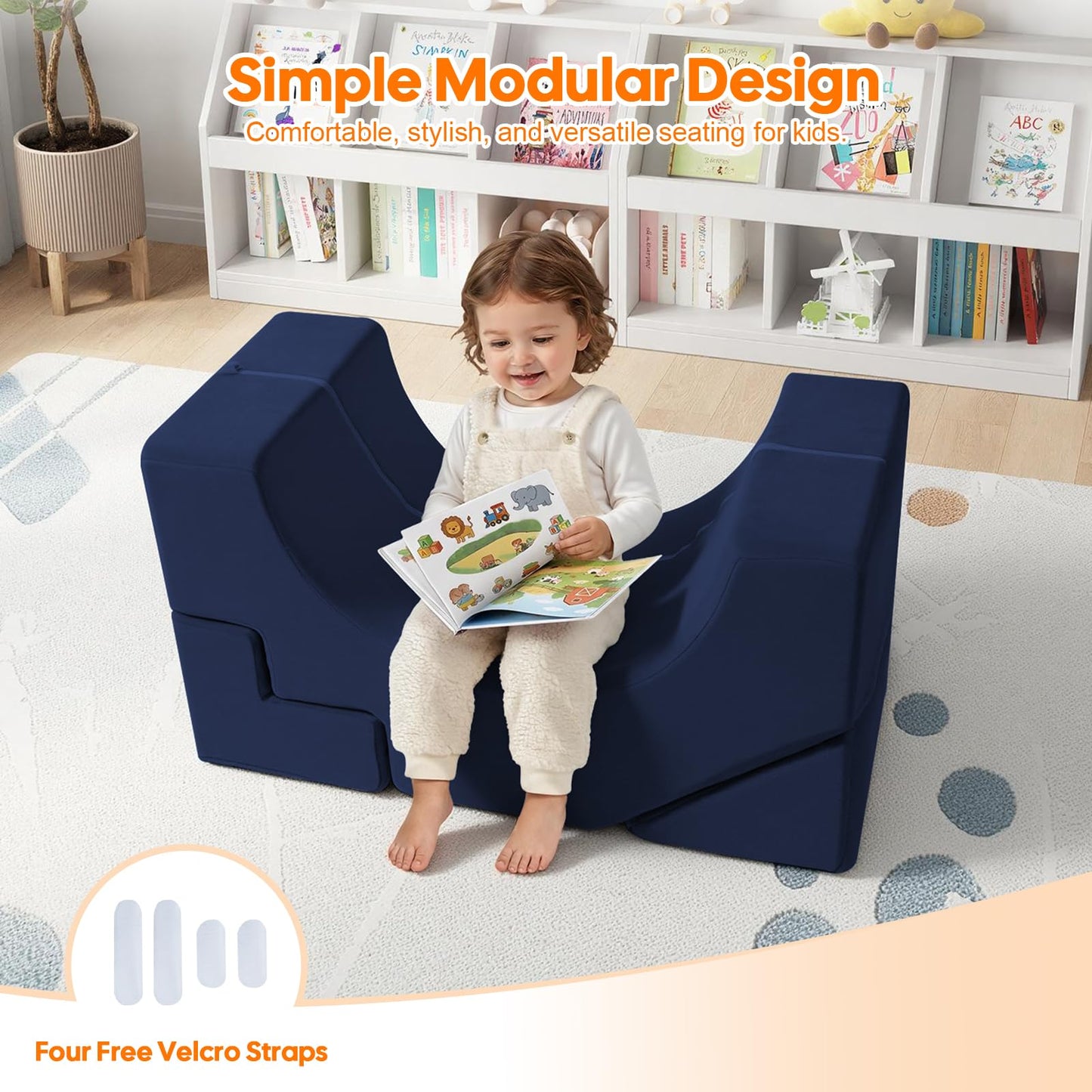 MeMoreCool Modular Kids Sofa, Foam Couch Sofa with Slide & Stair Design, Convertible Kids Couch for Playroom, Sectional Child Furniture for Bedroom Living Room, Navy