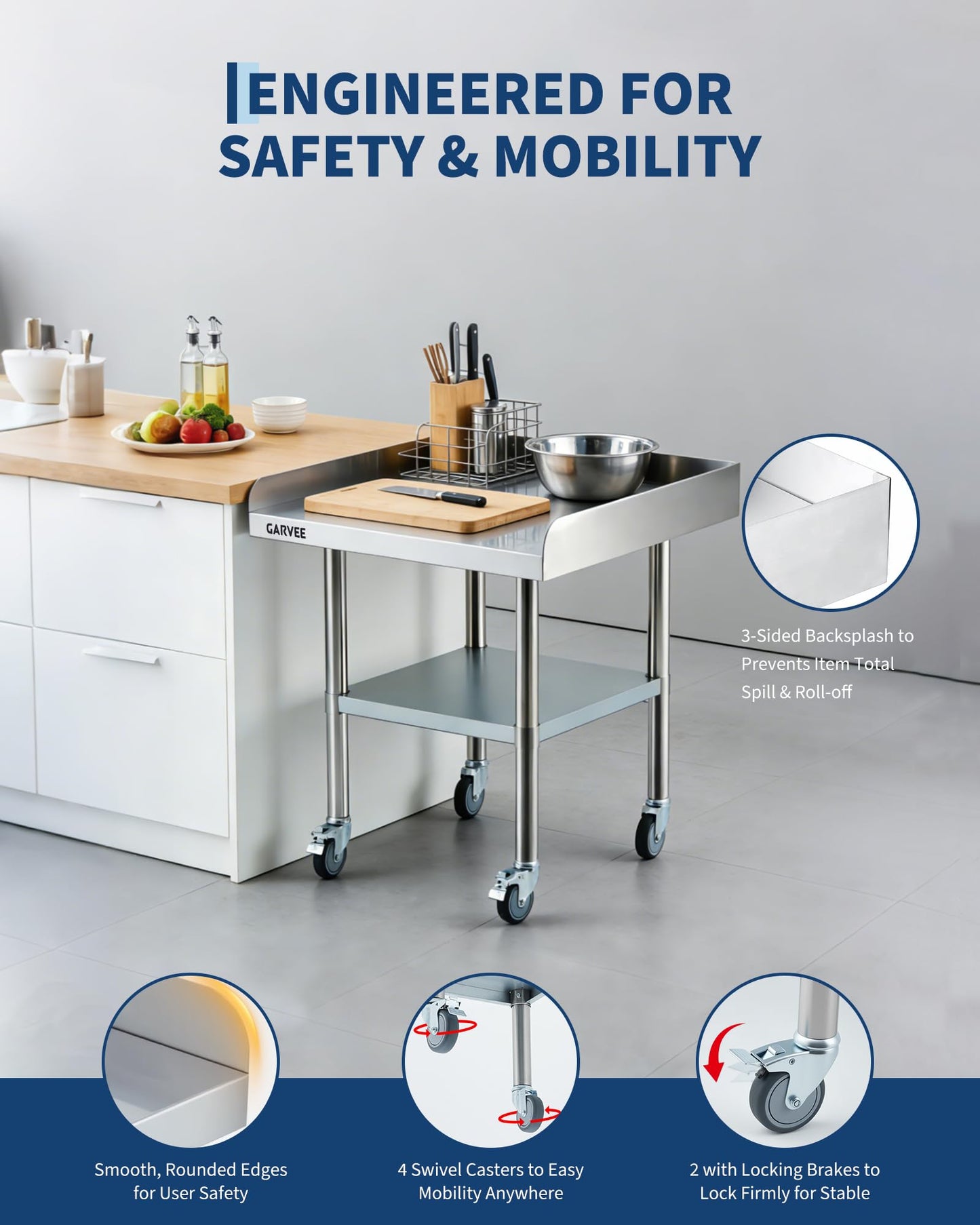 Stainless Steel Work Table 24x24 Inch with Wheels & 3-Sided Backsplash, Heavy Duty Commercial Prep Table, Adjustable Shelves, 4 Casters (2 Locking) for Kitchen, Restaurant, Home, Hotel