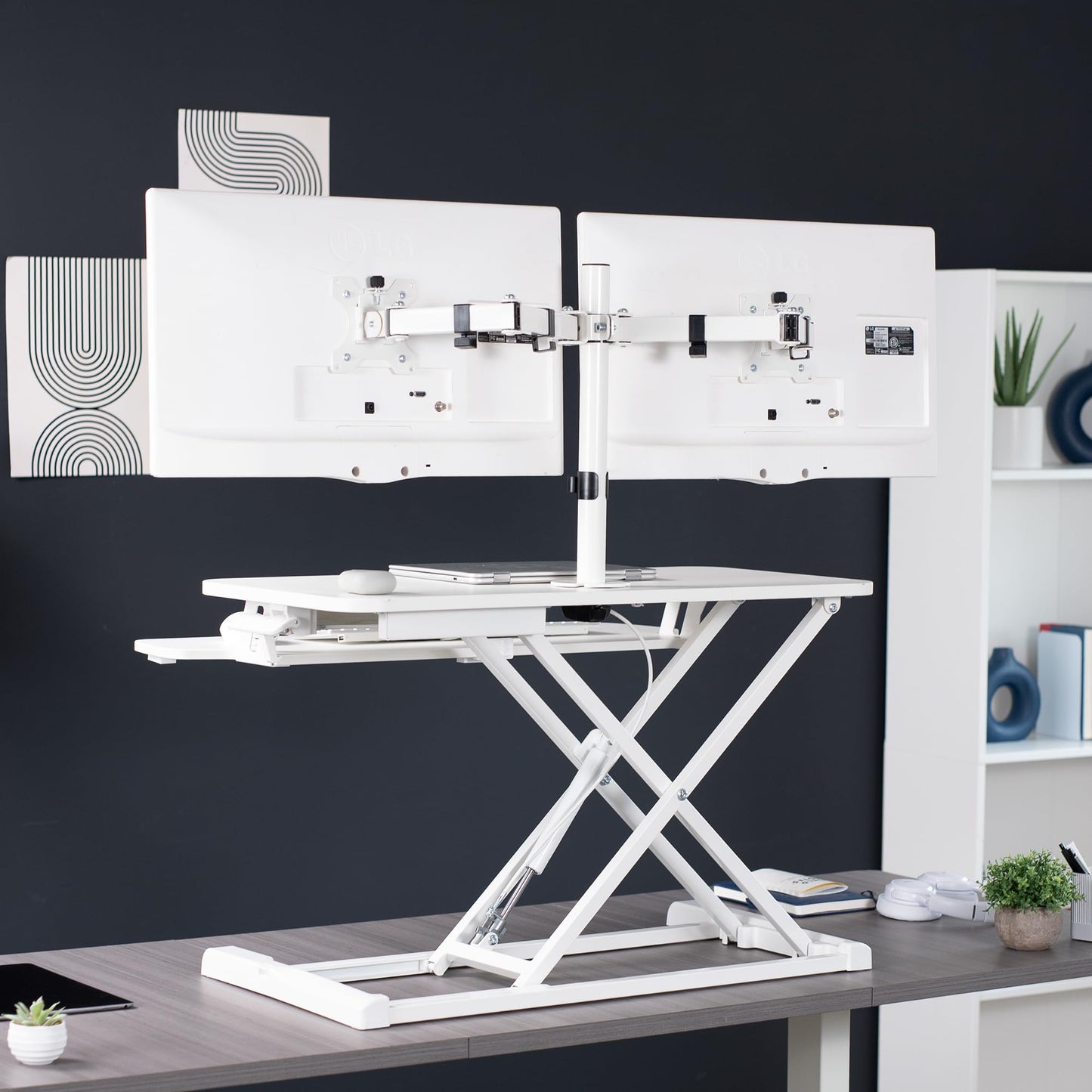 VIVO Height Adjustable 32 inch Standing Desk Converter with Dual 13 to 30 inch Monitor Stand, Sit Stand Monitor Mount and Desk Riser, White, DESK-V000K-M2W