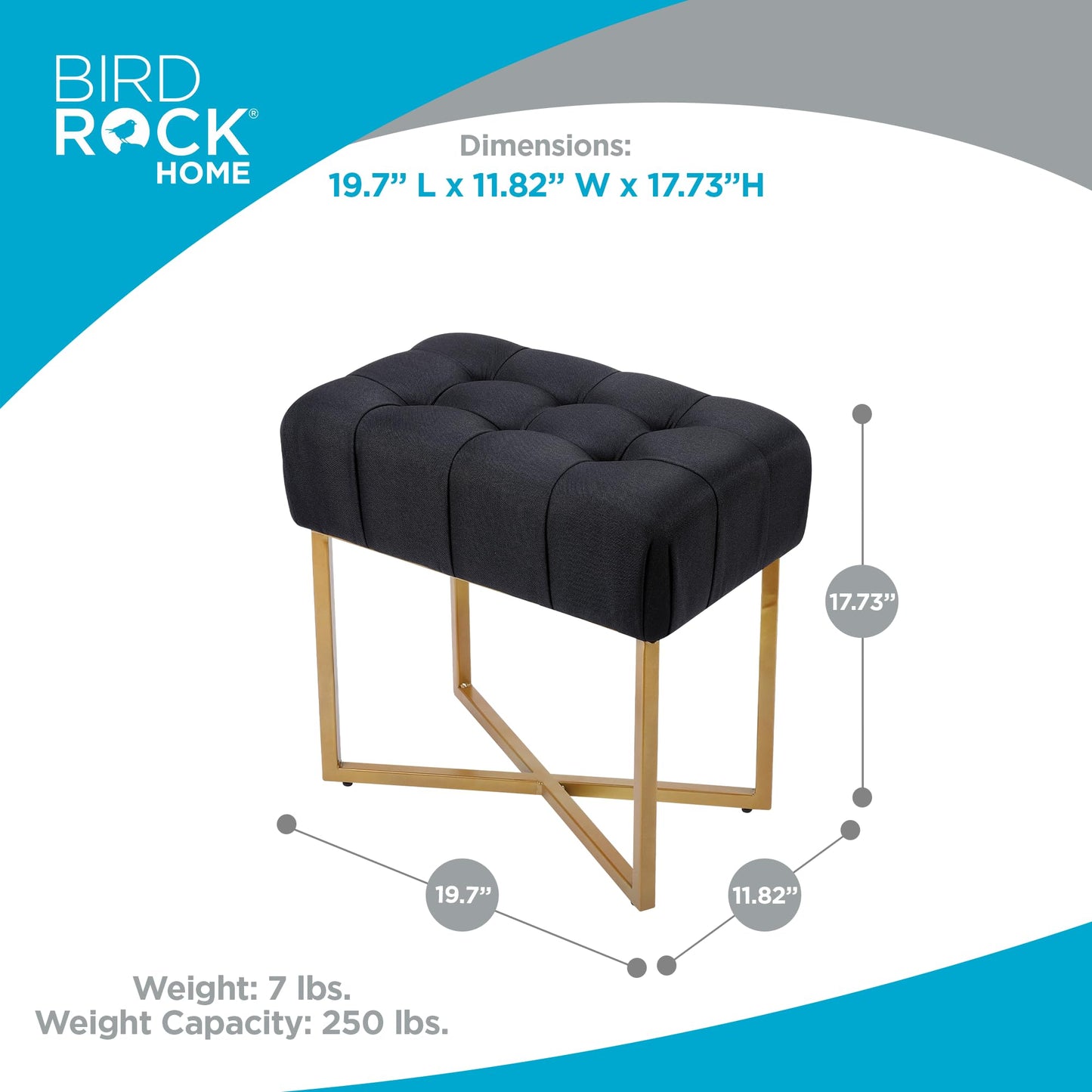 BIRDROCK HOME Rectangle Tufted Linen Ottoman Foot Rest - 19.7x11.82x17.73” Small Foot Stool with Legs - Padded Footrest Modern Ottomans for Living Room Furniture, Bedroom Footstool (Black)