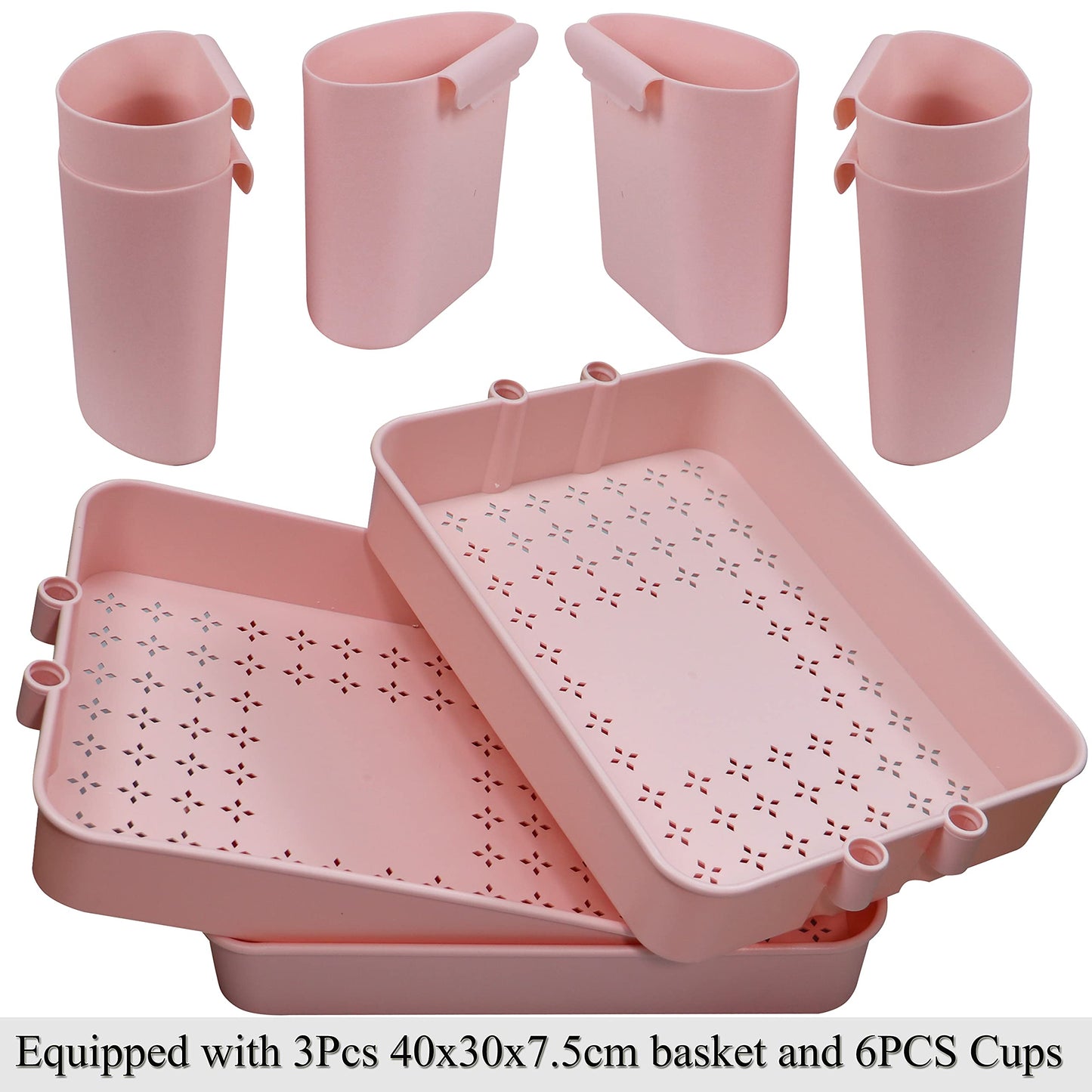 Freletry 3 Tier Utility Rolling Cart Storage Organizer Shelf Rack with 6PCS Hanging Cups for Home Office Kitchen Bathroom Storage (Pink)