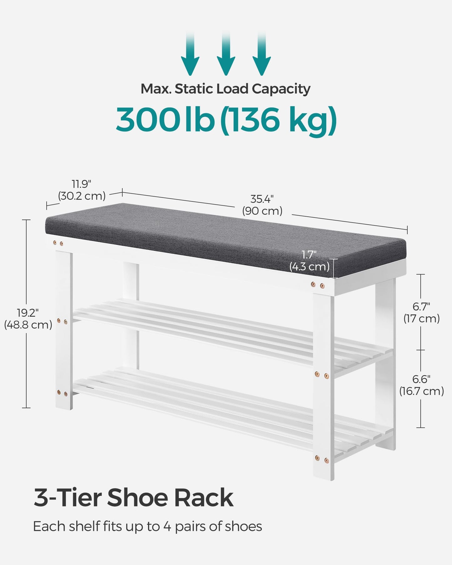 SONGMICS Bamboo Shoe Bench, 3-Tier Shoe Rack Organizer for Entryway, Living Room, Bench Seat Holds Up to 300 lb, 11.9 x 35.4 x 19.2 Inches, Cloud White and Slate Gray ULBS904W01