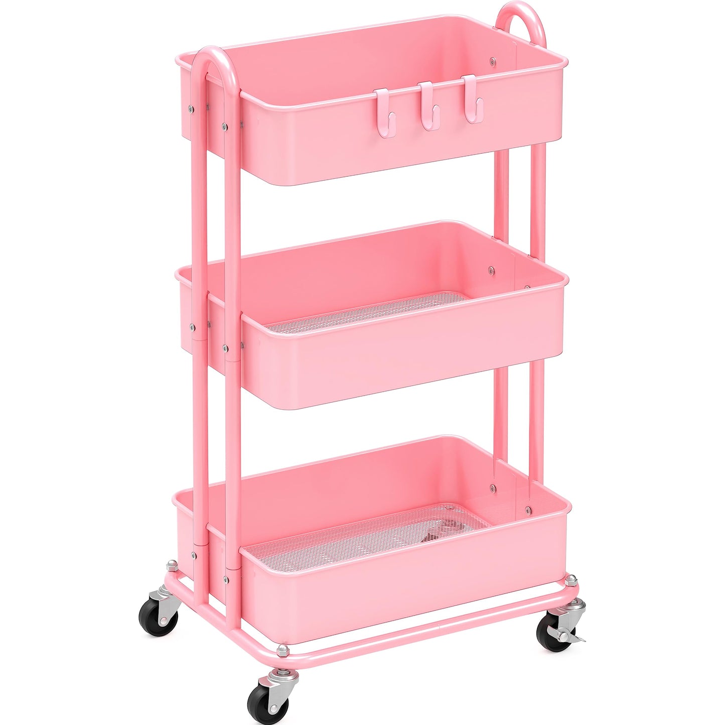 Simple Houseware 3-Tier Heavy Duty Metal Utility Rolling Cart, Pink