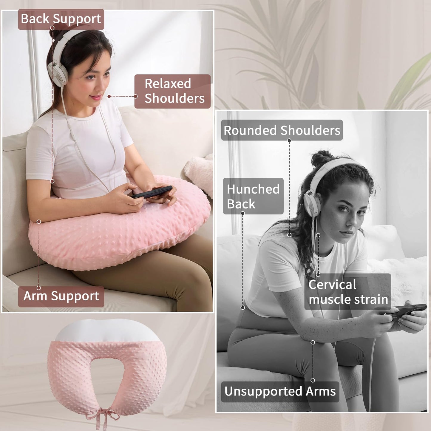 RUSHANPEACE Reading Pillow for Gaming Reading Crochet, U Shaped Arm Support Pillow with Removable Cover Reducing Arching Neck for Adult Reading and Working Sitting on Bed Sofa for Arm Rest (Pink)