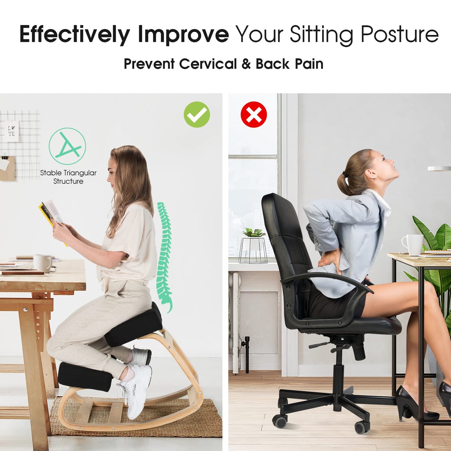 Giantex Kneeling Chair, Wood Posture Chair, Max Load 330 Lbs, Rocking Knee Chair with Soft Cushion, Natural Relief for Back, Shoulder or Neck Pain, Ergonomic Kneeling Chair for Office Home