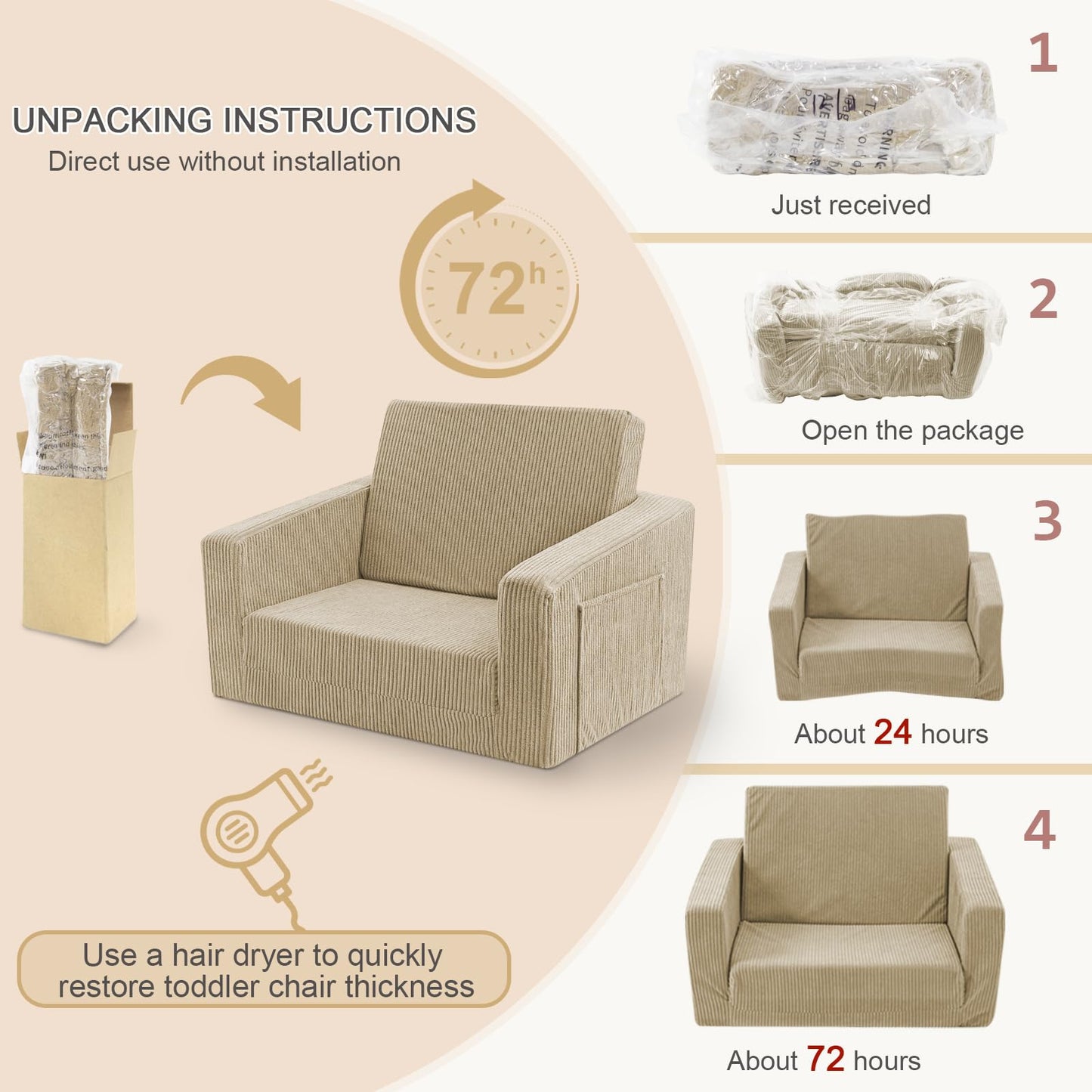 Jouha Kids Chair and Couch, 2-in-1 Fold-Out Kids Sofa, Soft Convertible Seating, Comfy Kids Chair for Boys and Girls,Beige