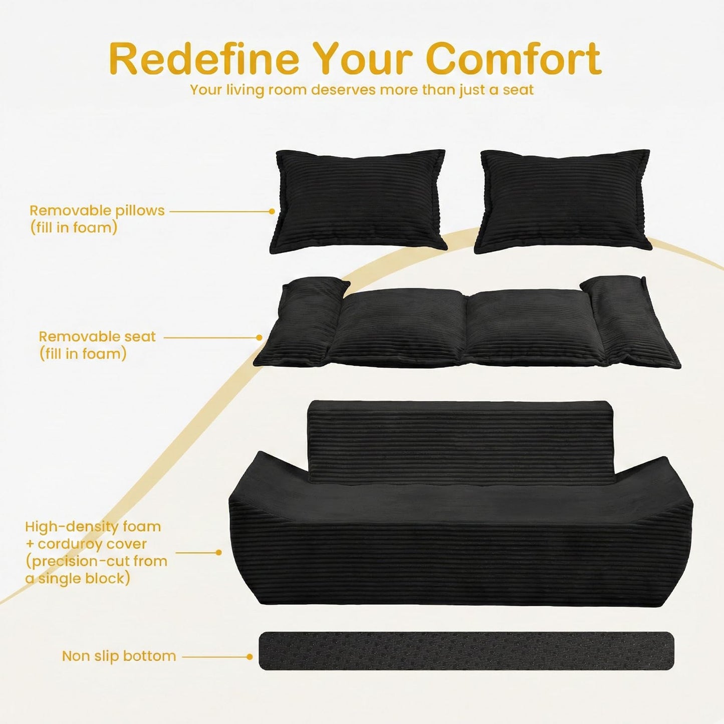 AOLVDOW 56" Boneless Loveseat Sofa, 2-Seater Black Boneless Sofa with Removable Cushions & 2 Pillows, Small Couch Boneless Compress Foam Sofa for Living Room, Apartments, & Office