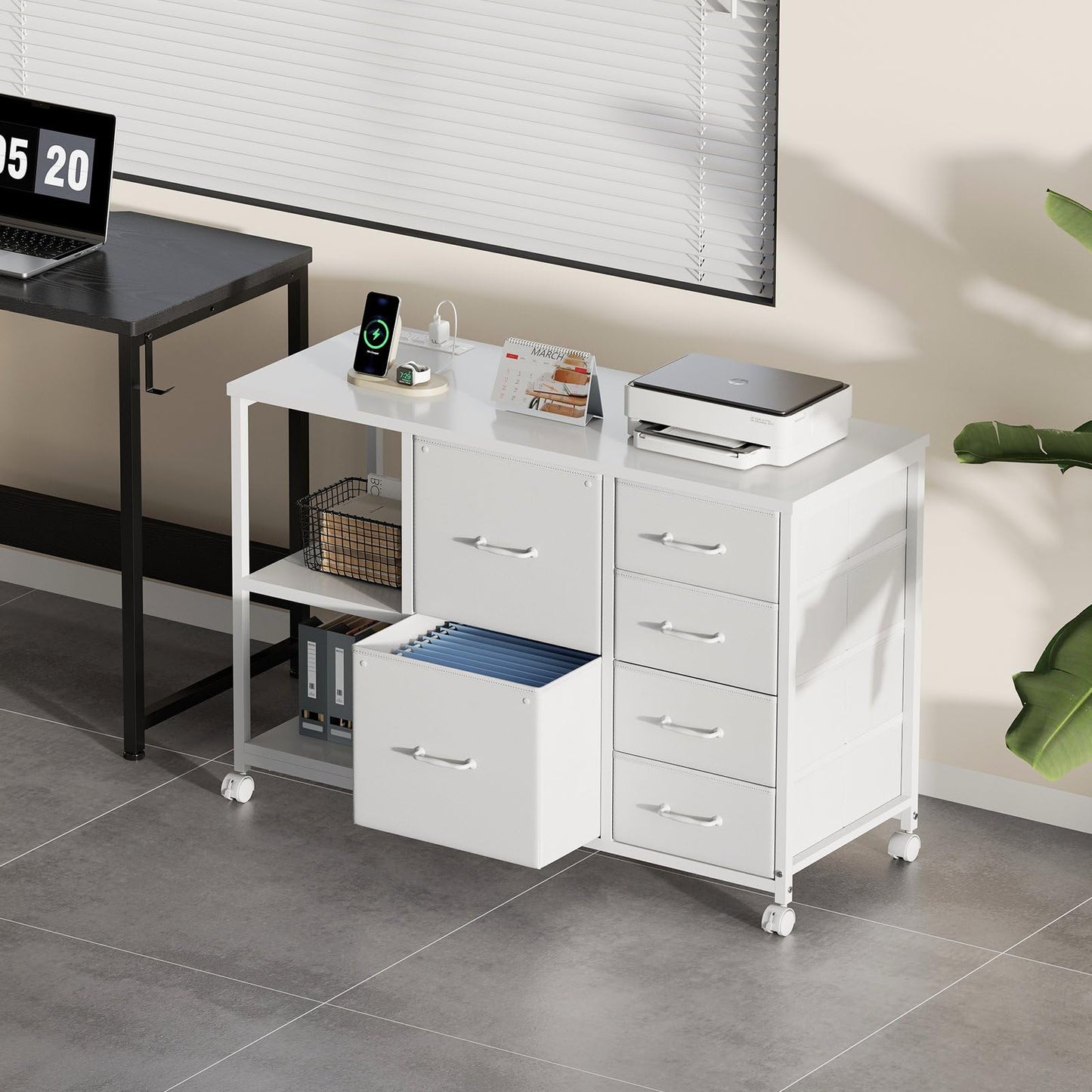 Maihail 6 Drawer File Cabinet with Charging Station Rolling Printer Stand with Open Storage Shelf Fabric Lateral Filing Cabinet for Home Office,White