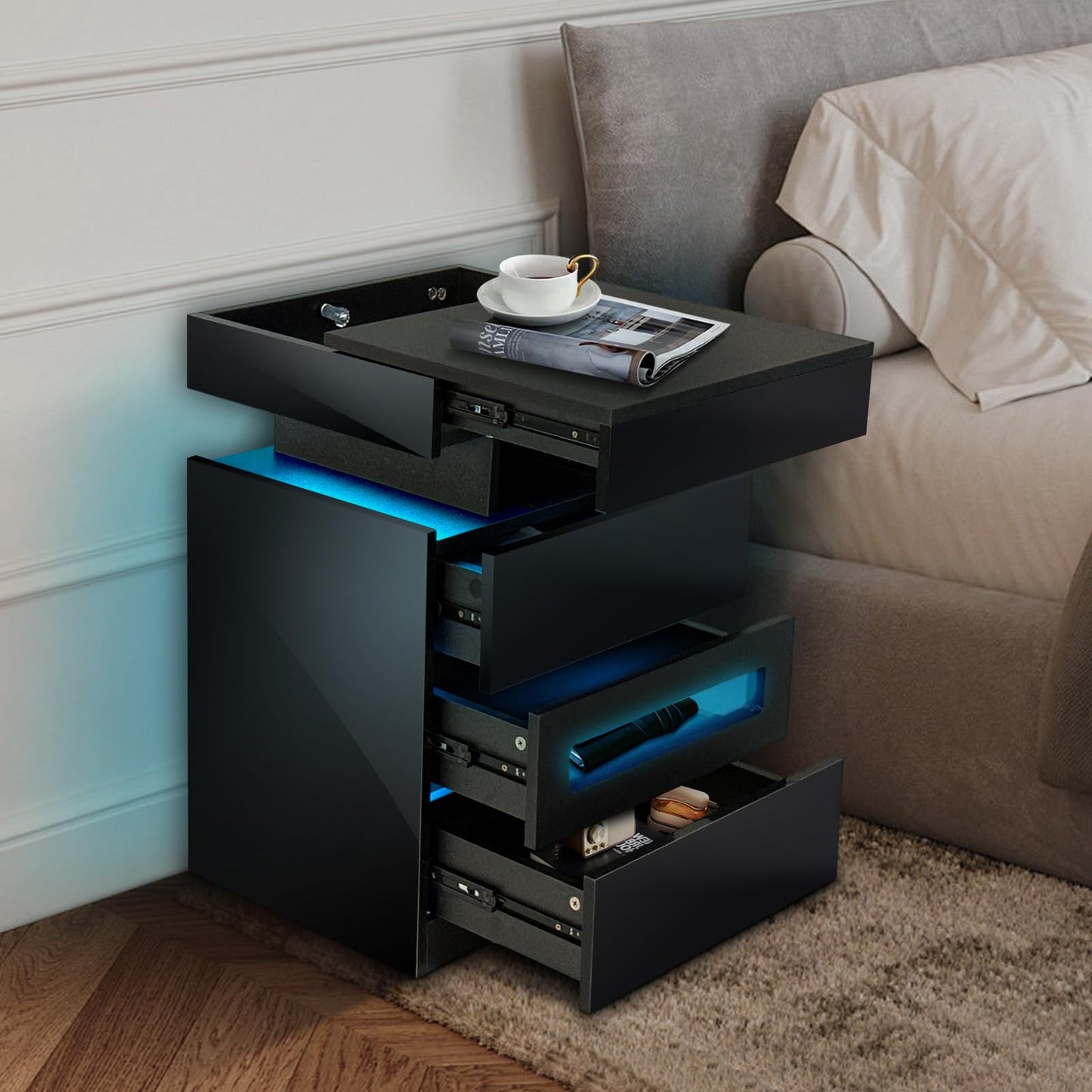 POVUD Night Stand with Gun Drawer, Modern Nightstand with Led Lights and Hidden Compartment, Charging Bedside Table Nightstand with USB C Port Storage Shelves for Bedroom Black