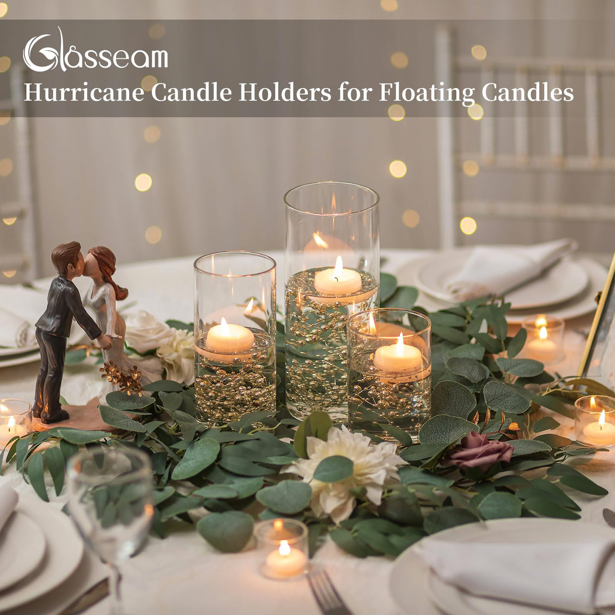 Glasseam Hurricane Glass Candle Holders: 3 Pcs Clear Cylinder Vases for Centerpieces Large Pillar Candle Holder for Floating Candles Modern Home Decor Wedding Table 5.3'' 7.3'' 9.5'' Height