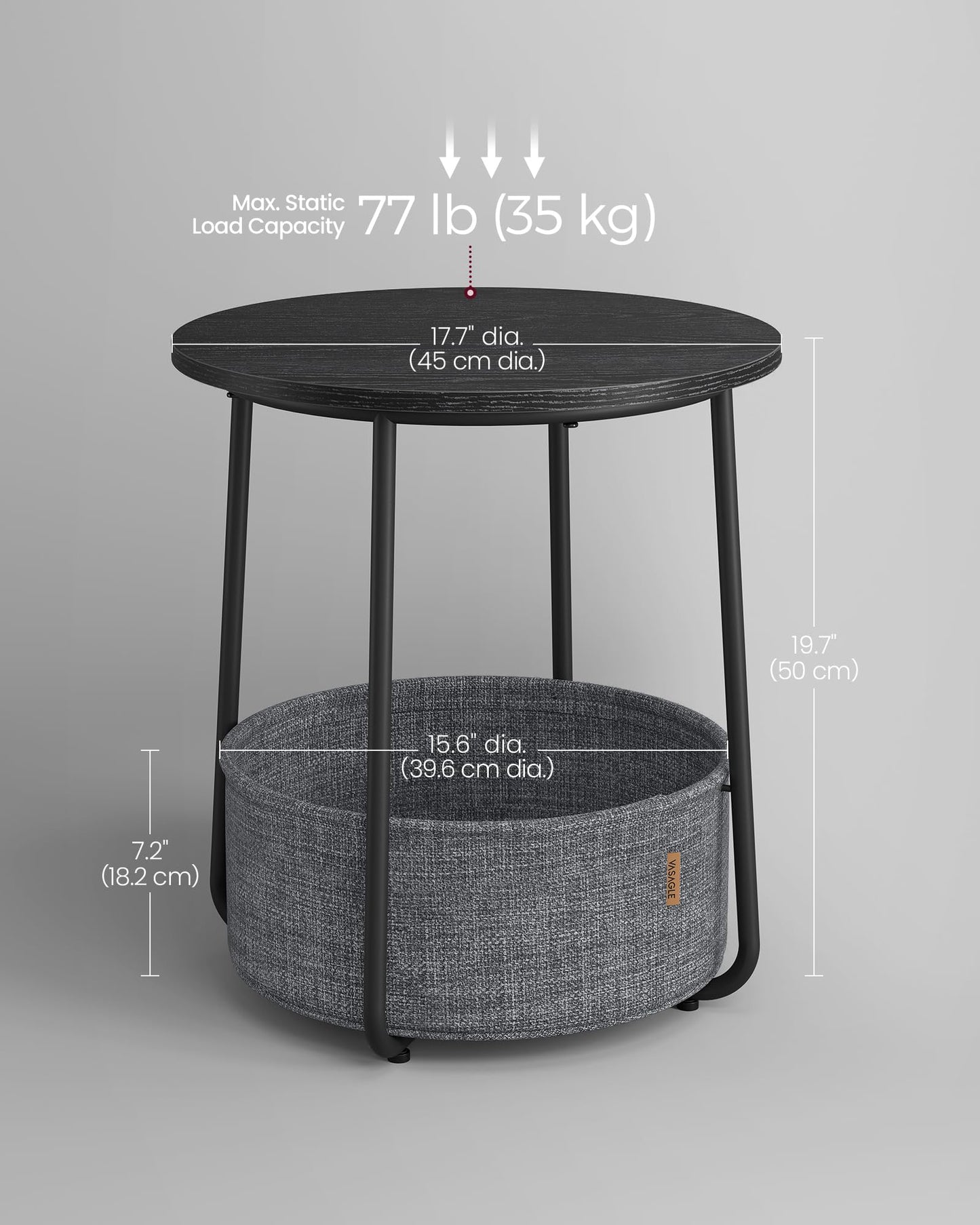 VASAGLE LILEA Collection - Small Round Side End Table, Modern Nightstand with Fabric Basket, Ebony Black and Slate Gray ULET223B01
