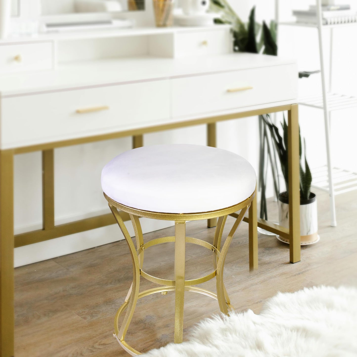 Ellensamqi Velvet Round Vanity Stool Chair,White Velvet Footrest Ottoman Foot Stool Seat with Golden Metal Legs,Makeup Chair for Bathroom Vanity,Bedroom,Living Room