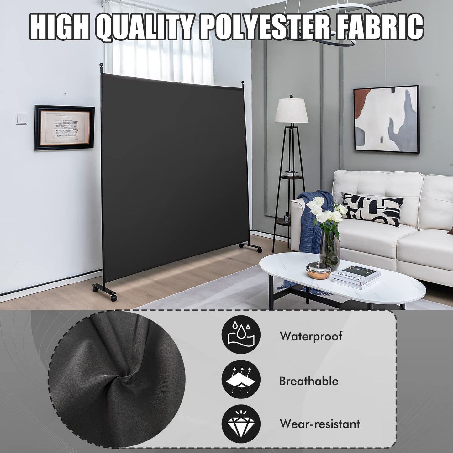 GOFLAME 6FT Single Panel Room Divider, Wide Rolling Privacy Screen with Lockable Wheels, Portable Room Partition Screen, Freestanding Wall Divider and Separator for Home Office, Black