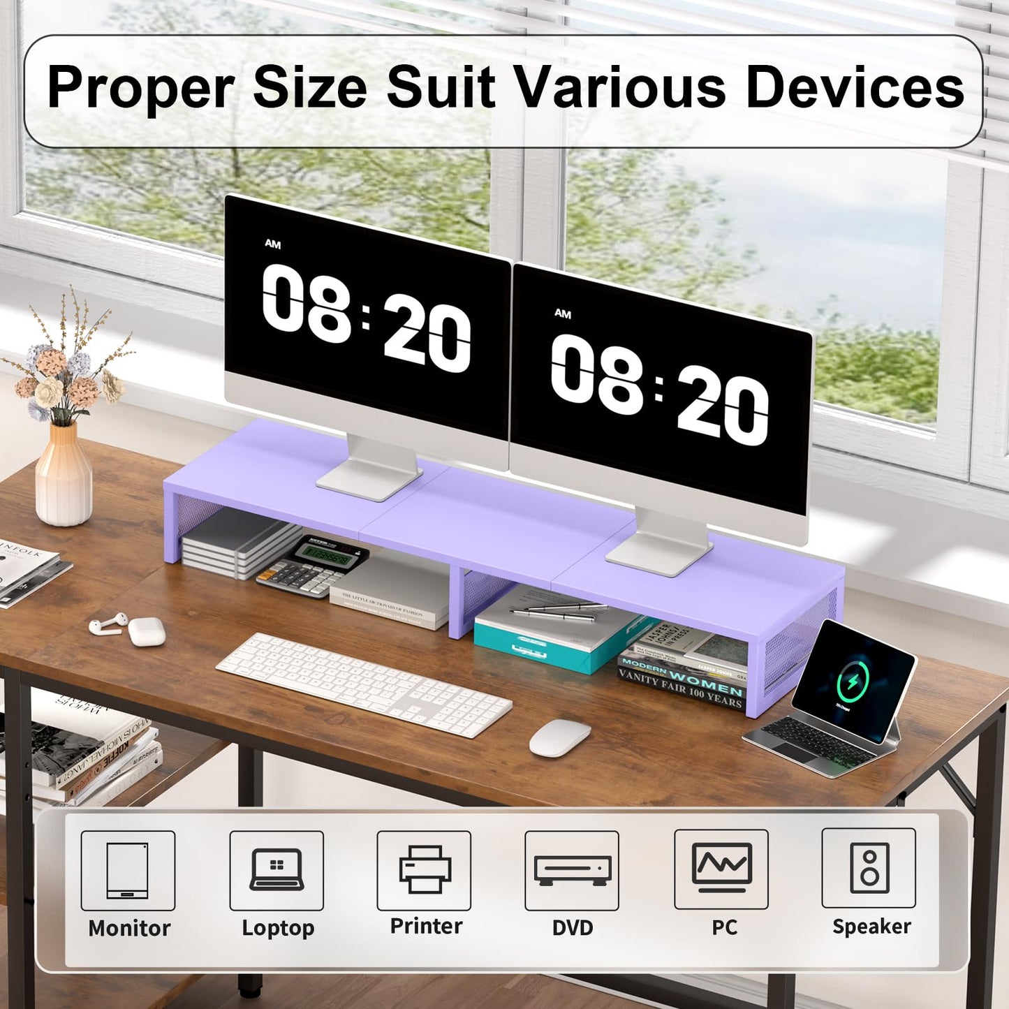 Gugsey Dual Computer Monitor Stand Riser, Desk Organizers and Accessories, Printer & TV Stand, Desk Shelf, Office Desk Accessories & Desktop Workspace Organizer for Office Supplies, Purple